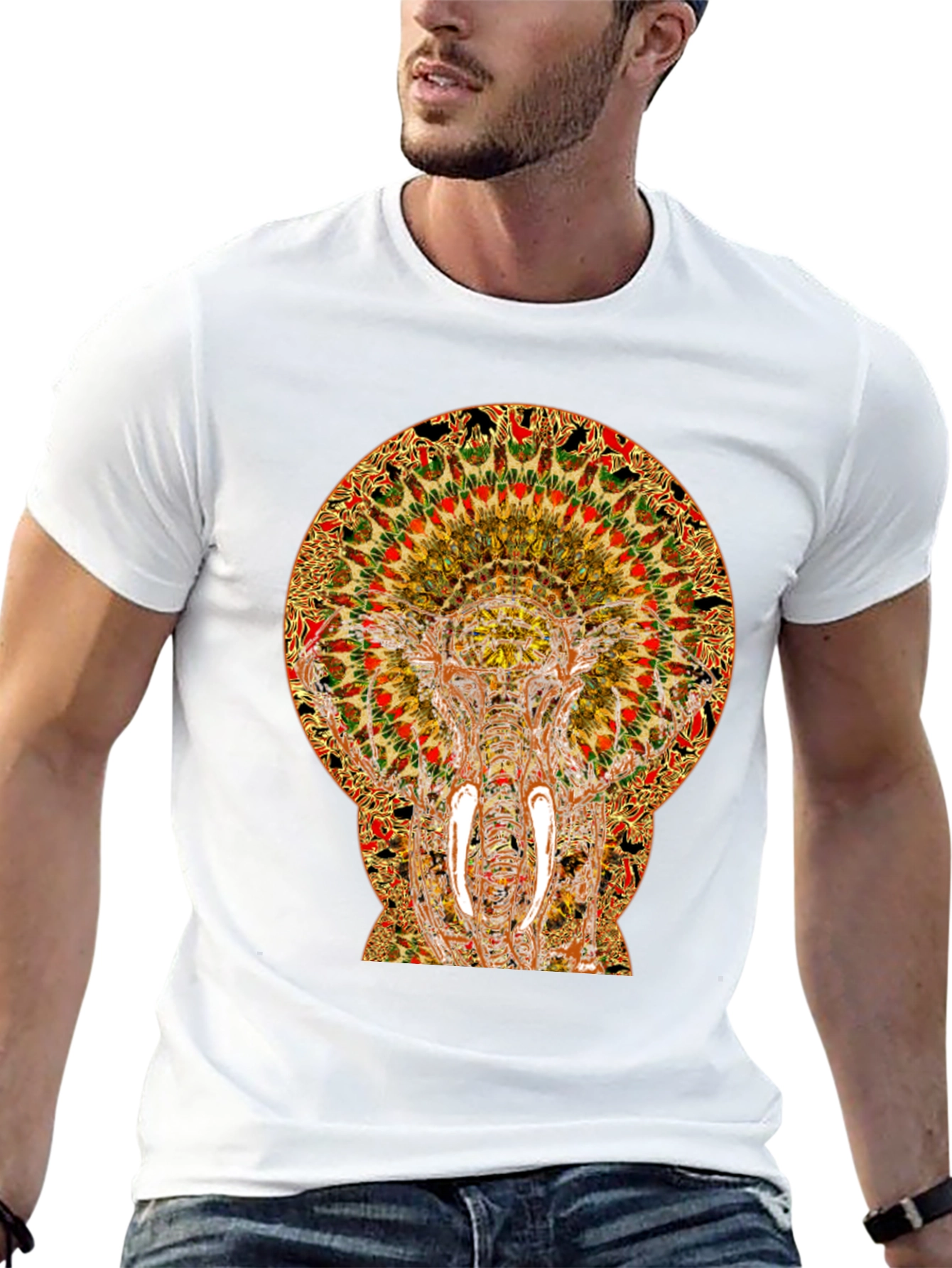 Psychedelic Elephant Print Black T-Shirt