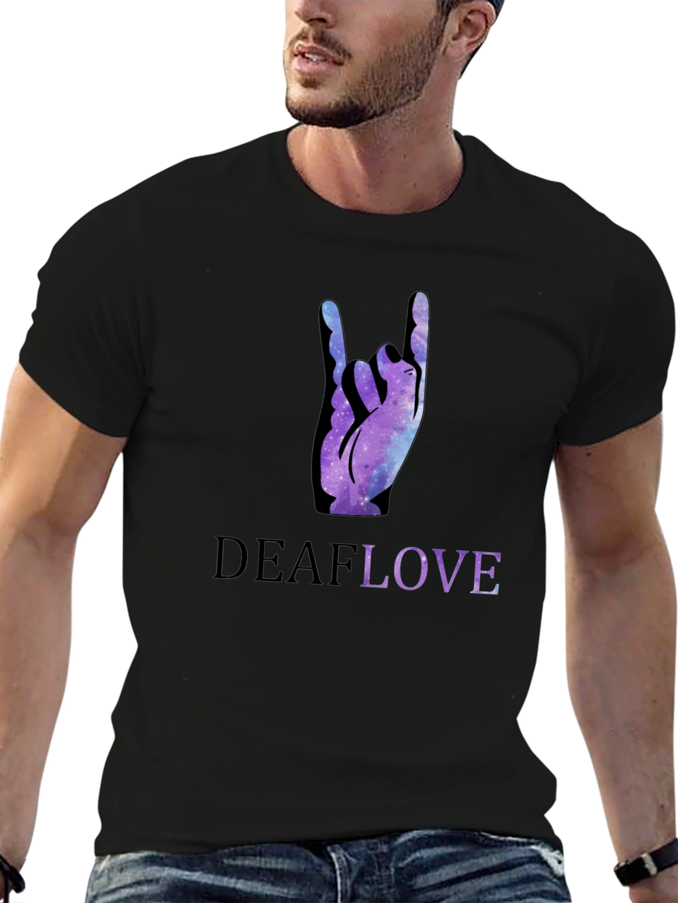 Deaf Love Galaxy Hand Sign Black T-Shirt
