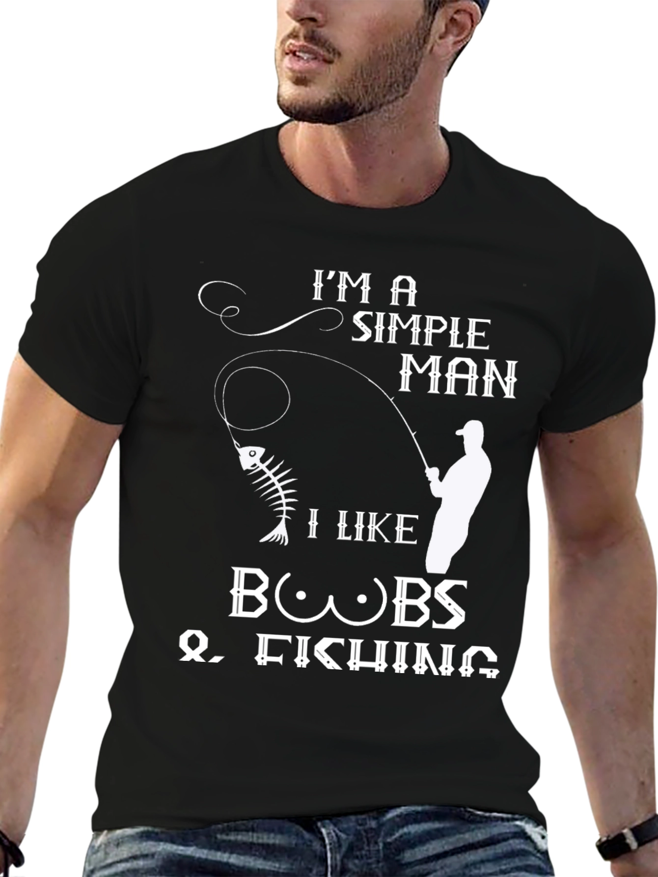 Simple Man Boobs Fishing Black Graphic Tee