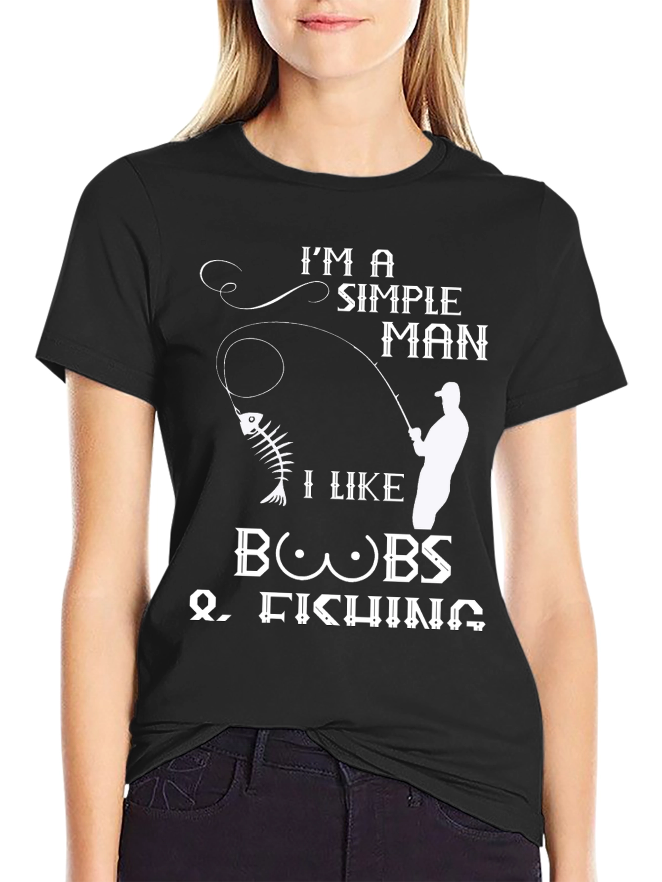 Simple Man Boobs Fishing Black Graphic Tee