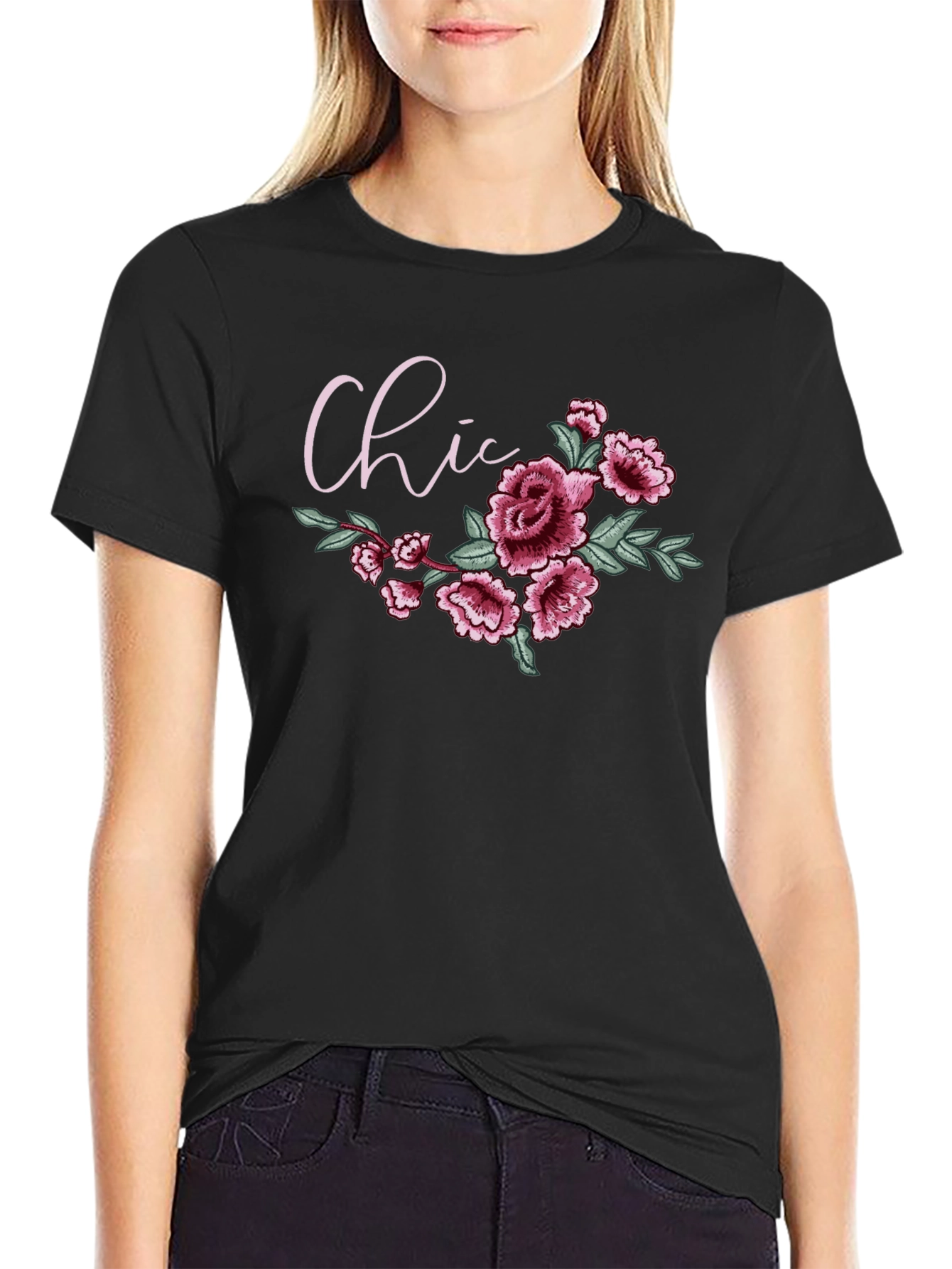Chic Floral Graphic Black T-Shirt
