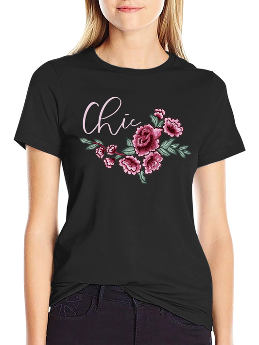 Chic Floral Graphic Black T-Shirt