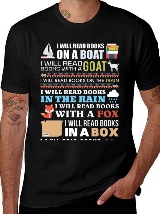Funny Reading Lover T-Shirt - Books on Boat Goat Train Fox & in Box