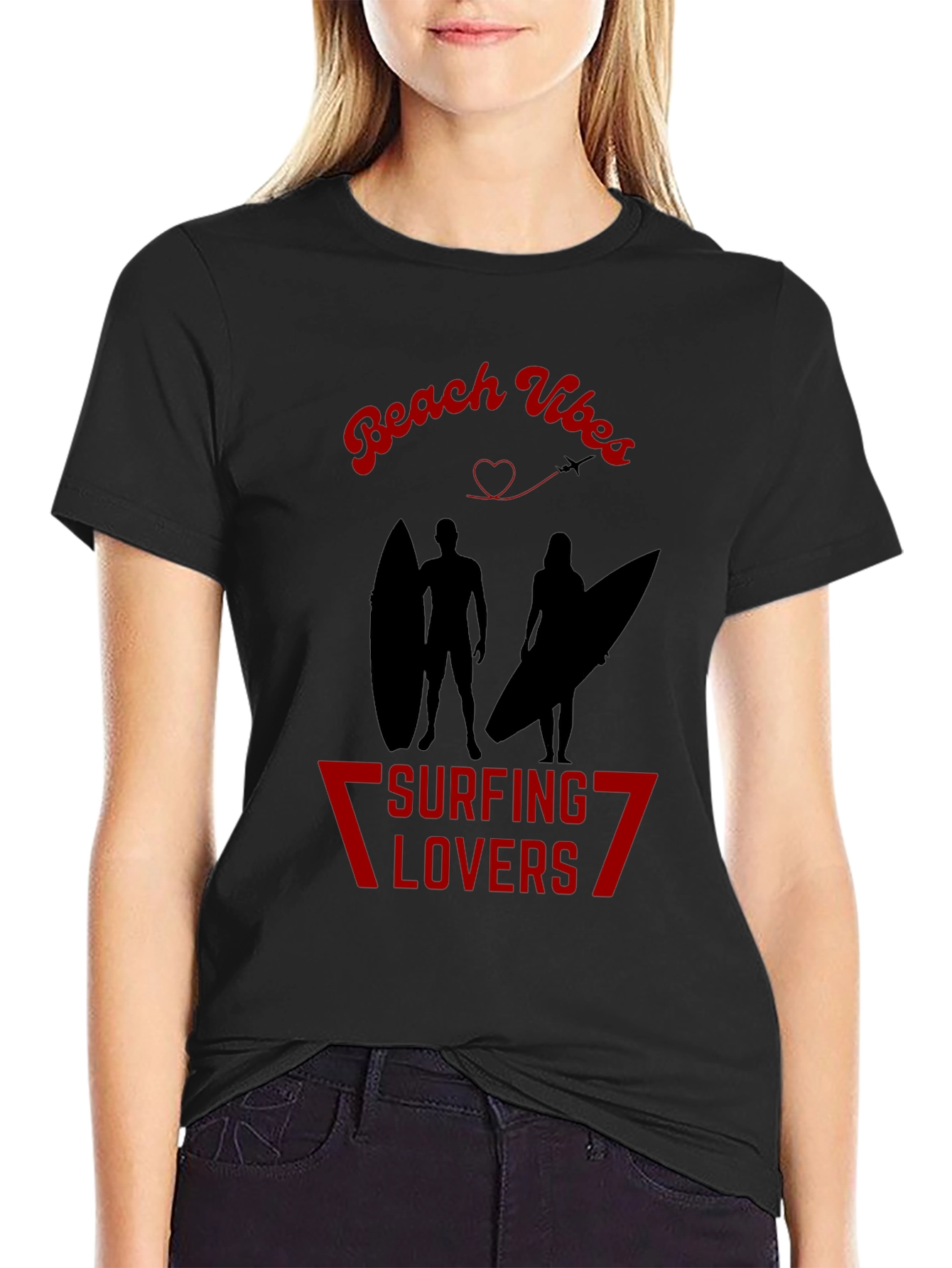 Beach Vibes Surfing Lovers Black T-Shirt