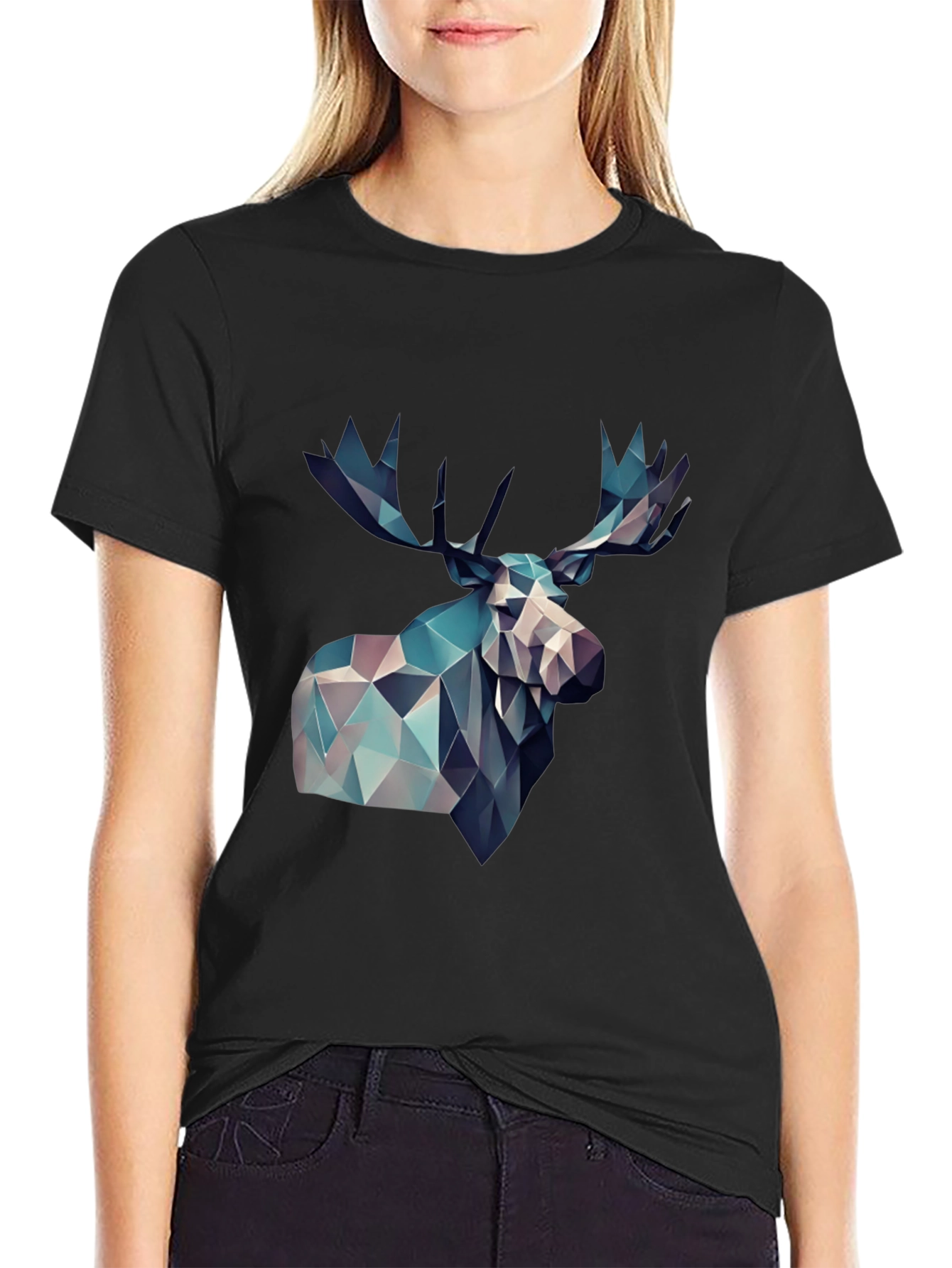 Geometric Moose Graphic Print Black T-Shirt