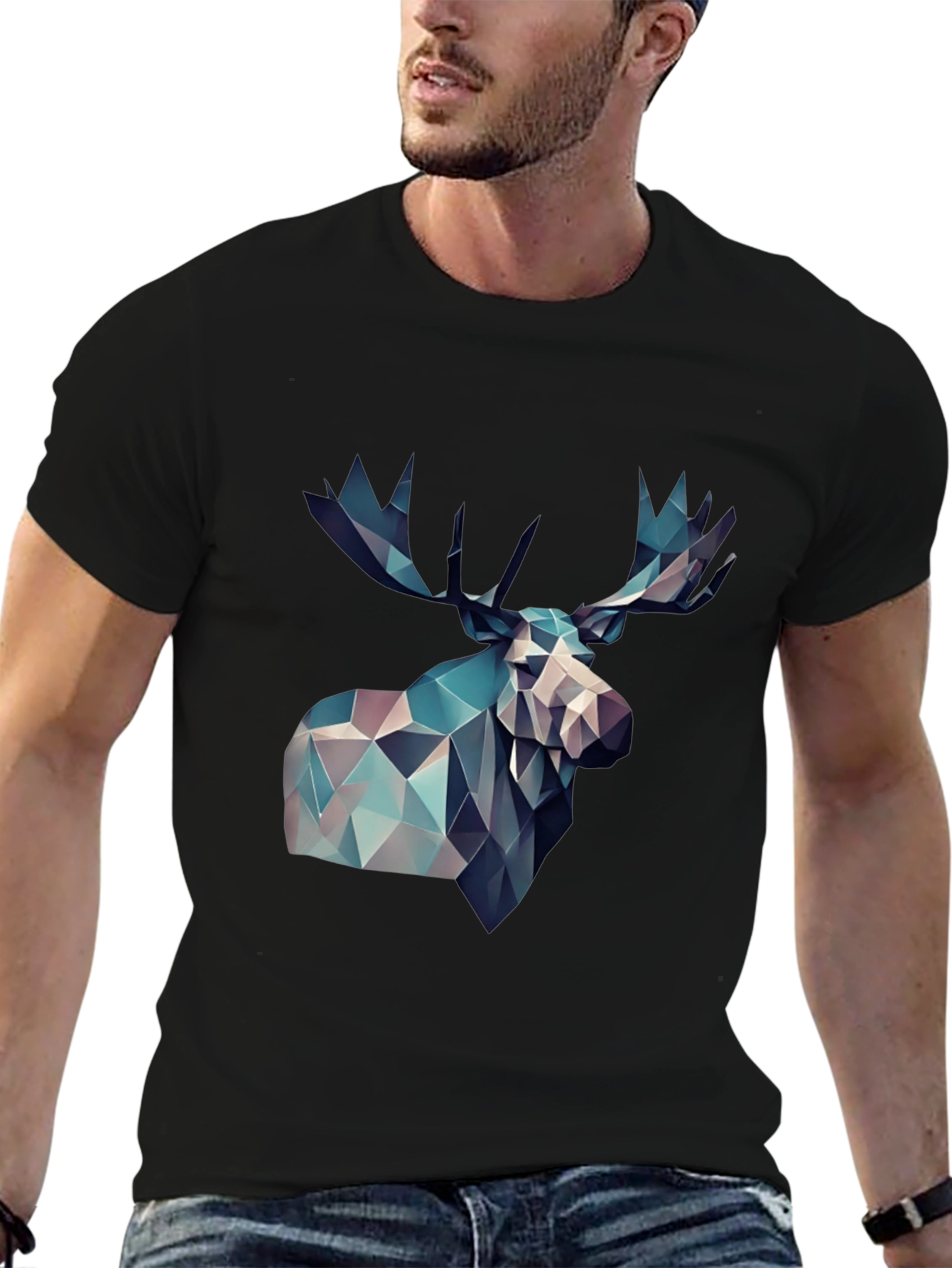 Geometric Moose Graphic Print Black T-Shirt