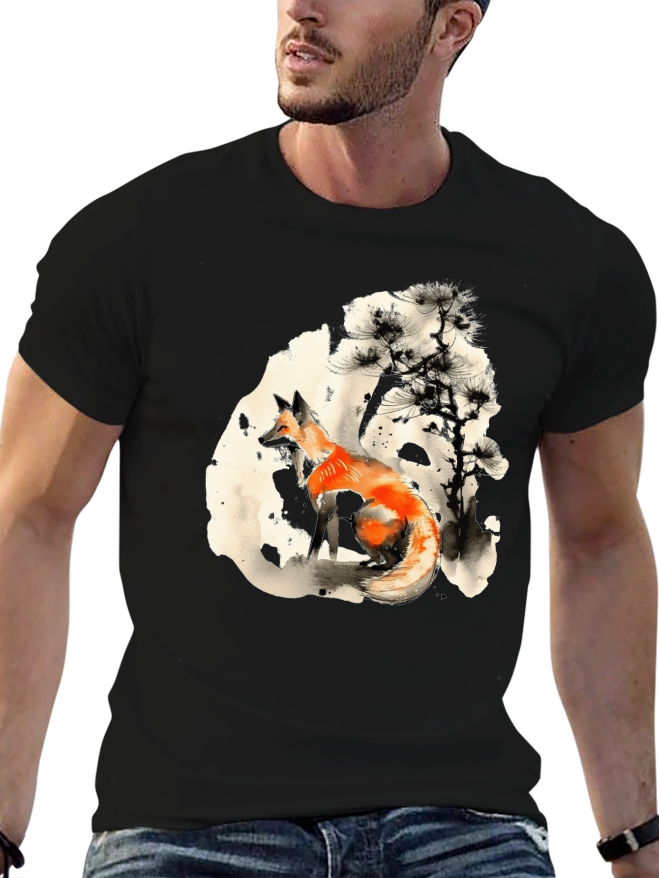 Fox Ink Art Black T-Shirt