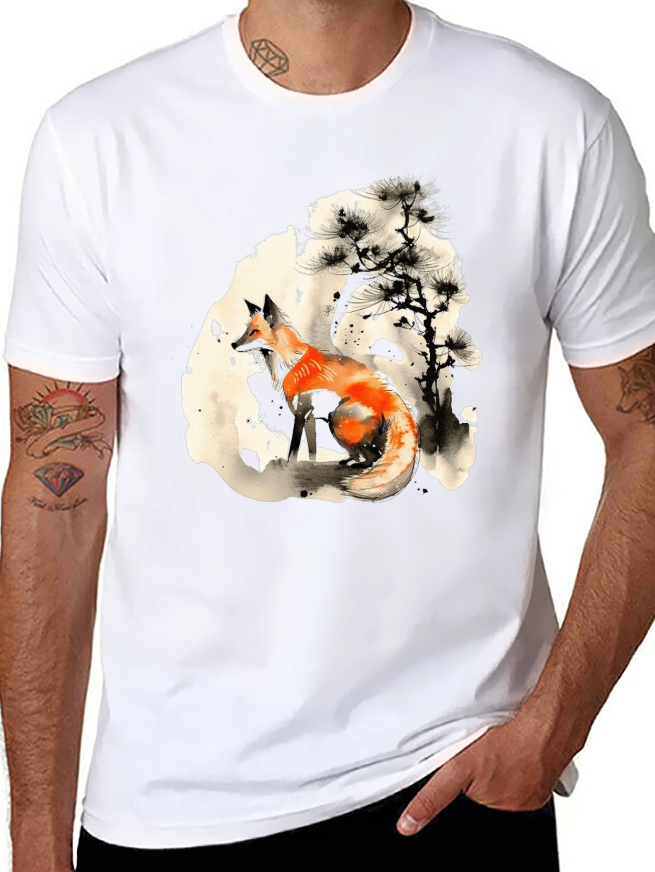 Fox Ink Art Black T-Shirt