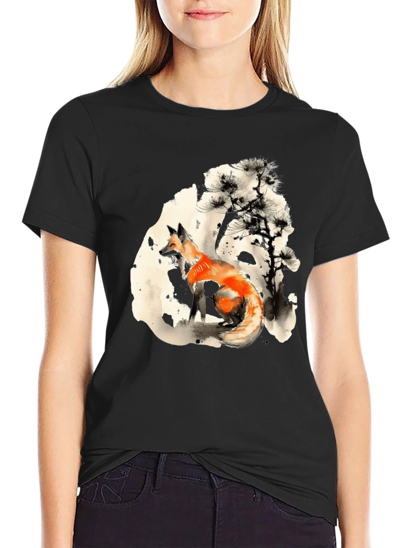 Fox Ink Art Black T-Shirt