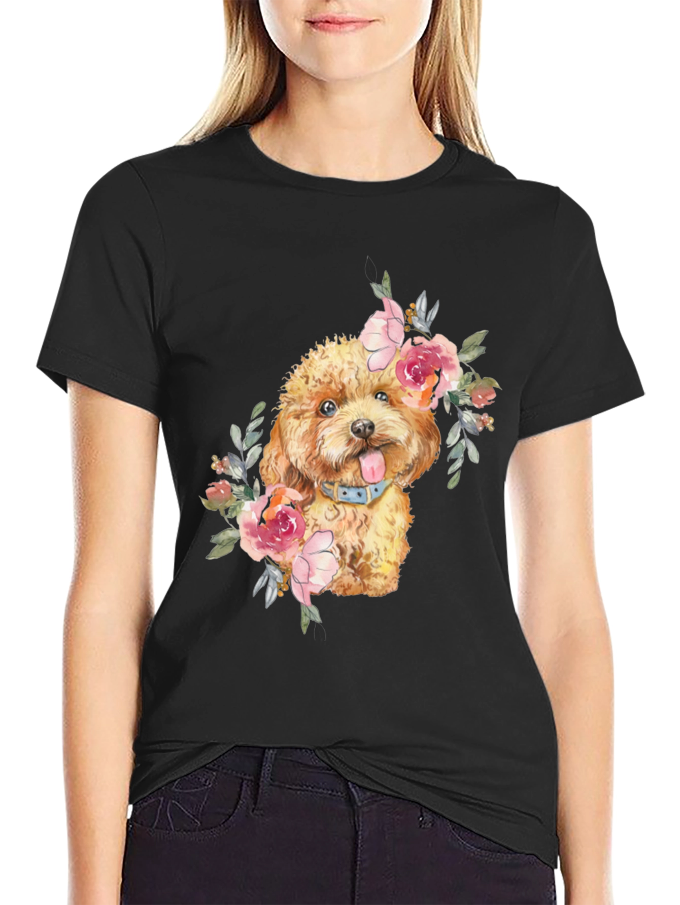 Dog with Flowers Graphic T-Shirt