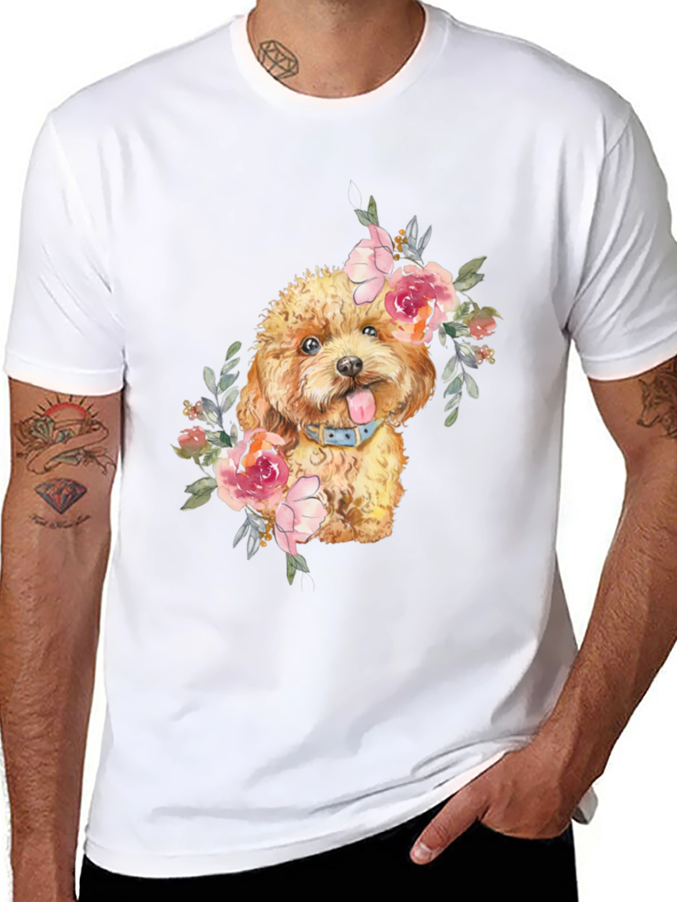 Dog with Flowers Graphic T-Shirt