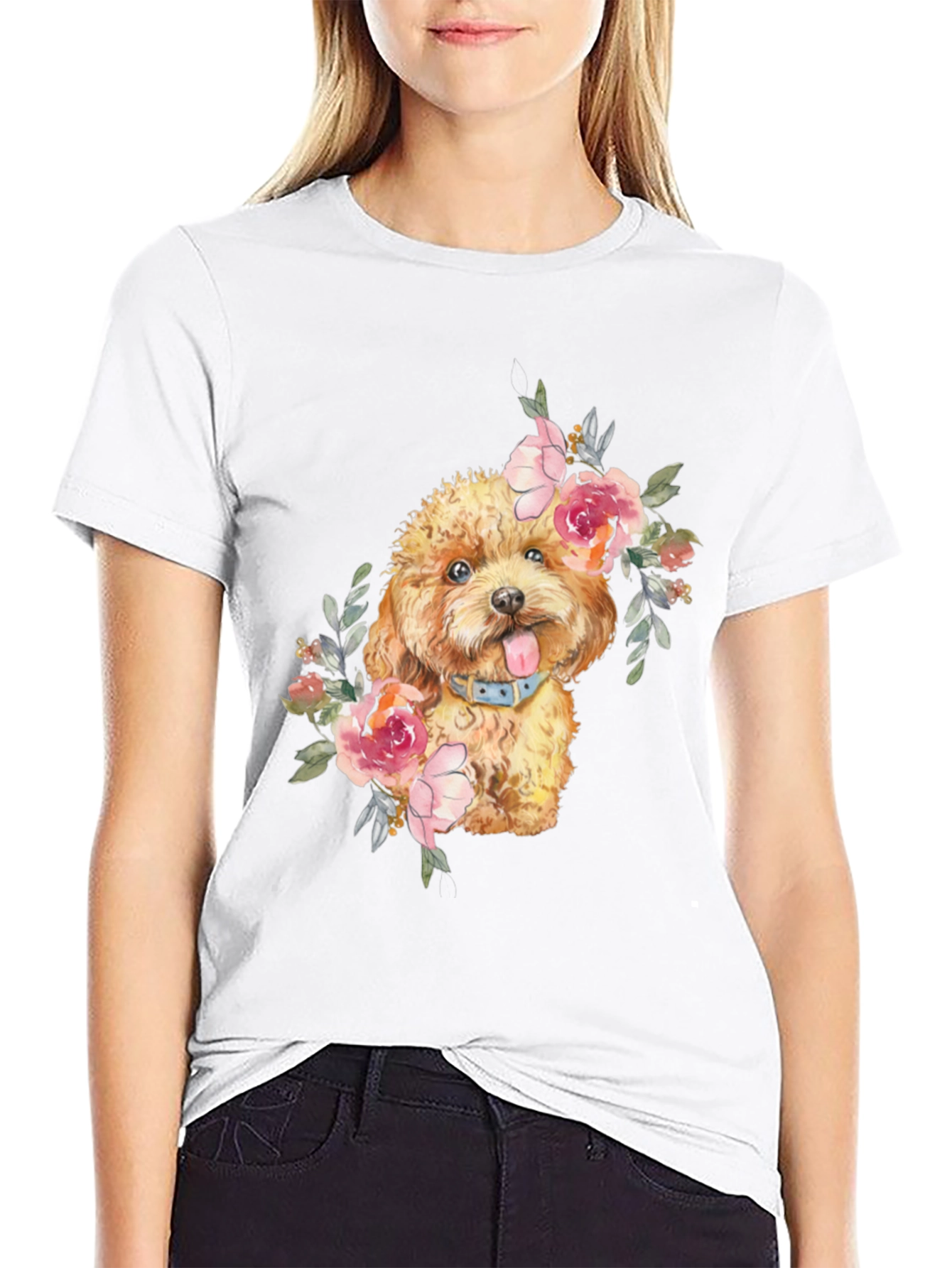Dog with Flowers Graphic T-Shirt