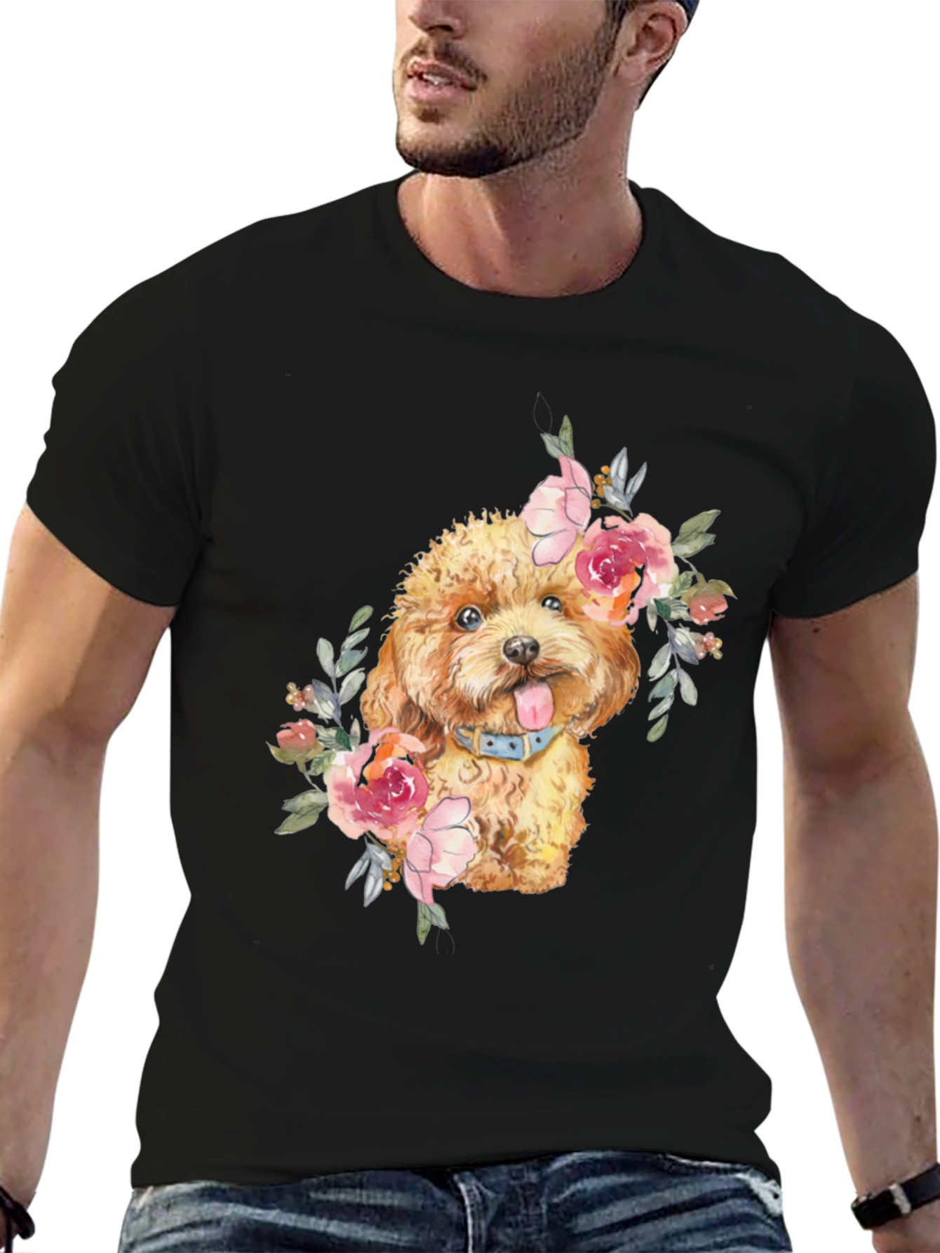 Dog with Flowers Graphic T-Shirt