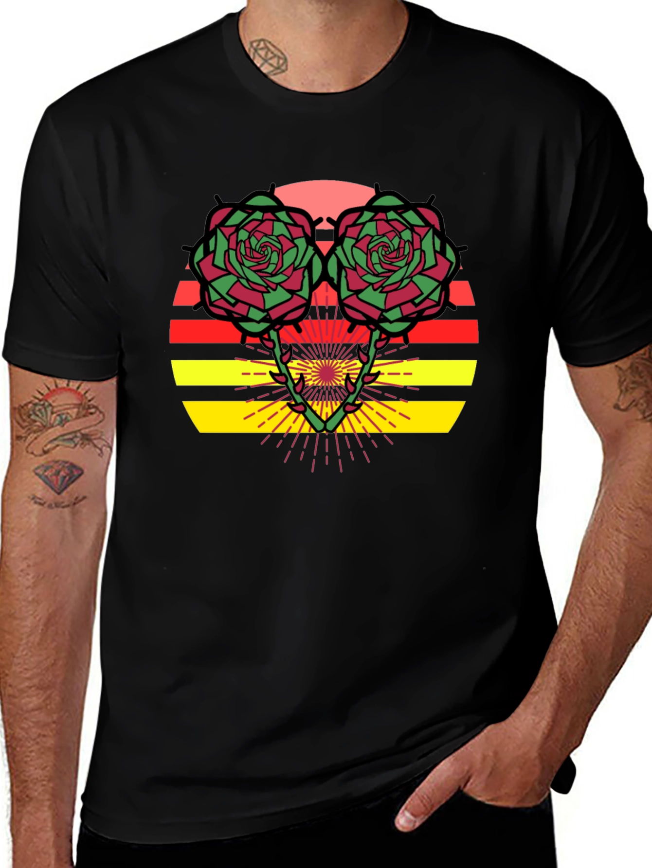 Floral Sunset Graphic Tee - Trendy Black T-Shirt