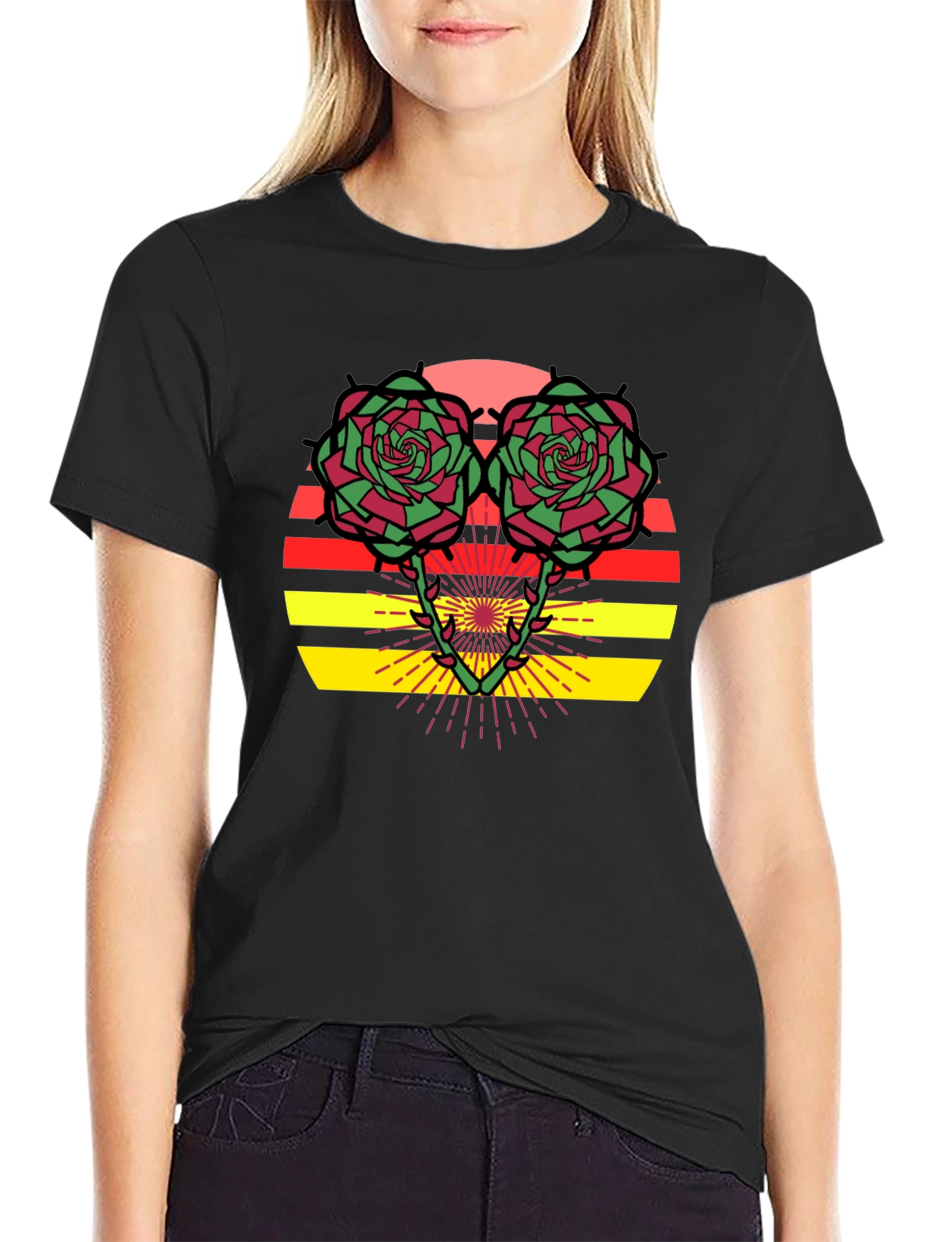 Floral Sunset Graphic Tee - Trendy Black T-Shirt
