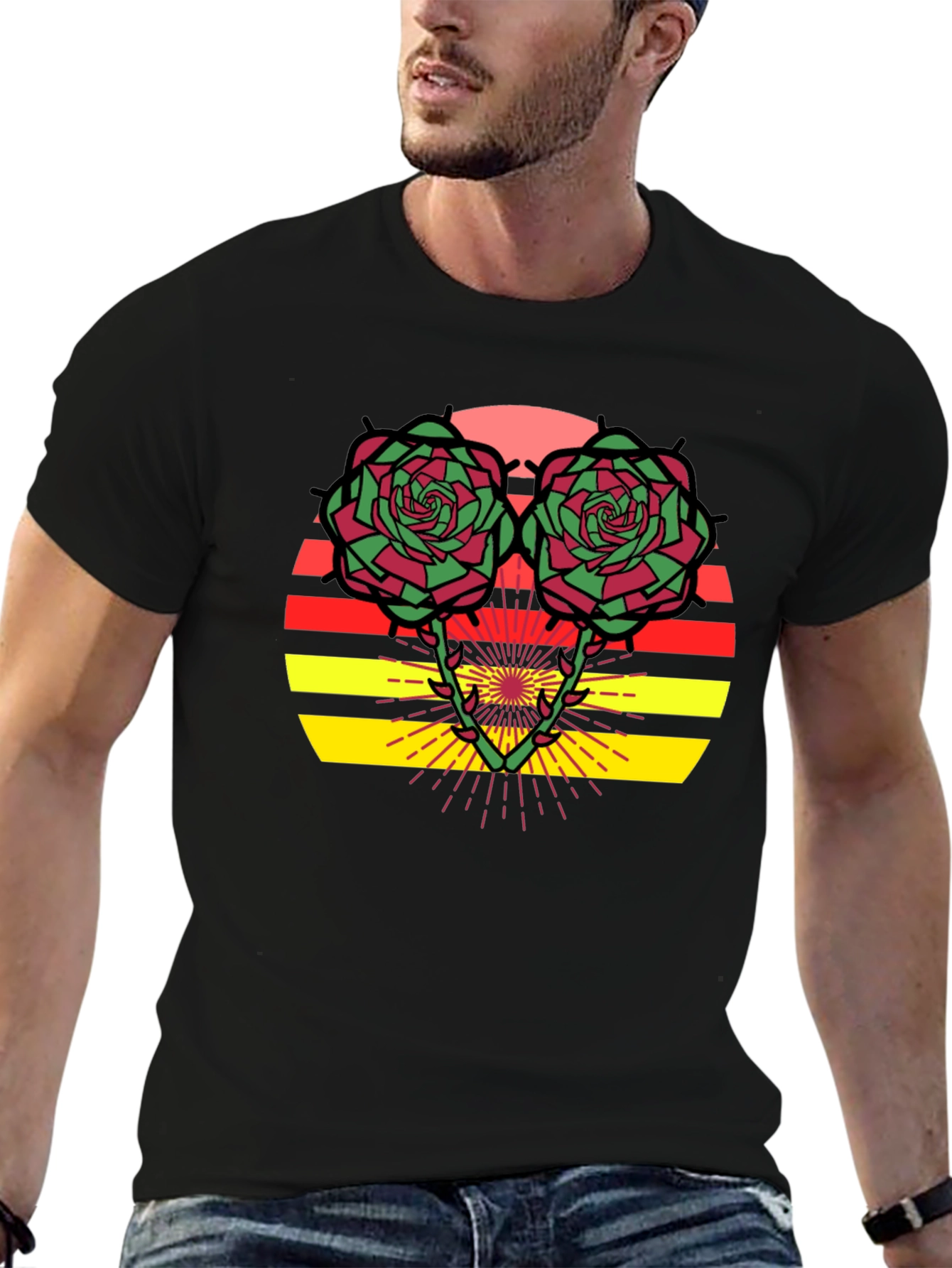 Floral Sunset Graphic Tee - Trendy Black T-Shirt