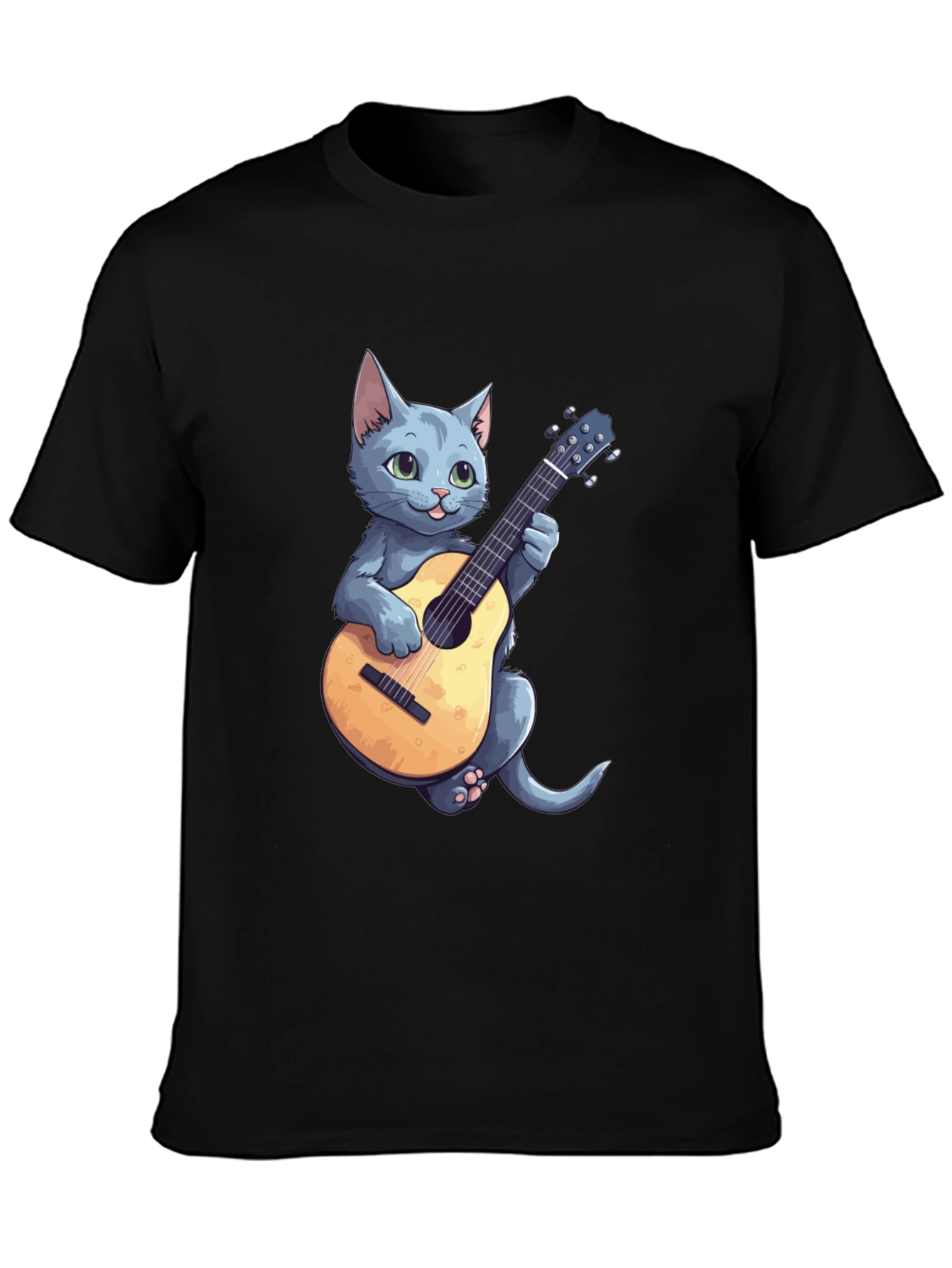 Cat Playing Guitar Graphic Tee - Black