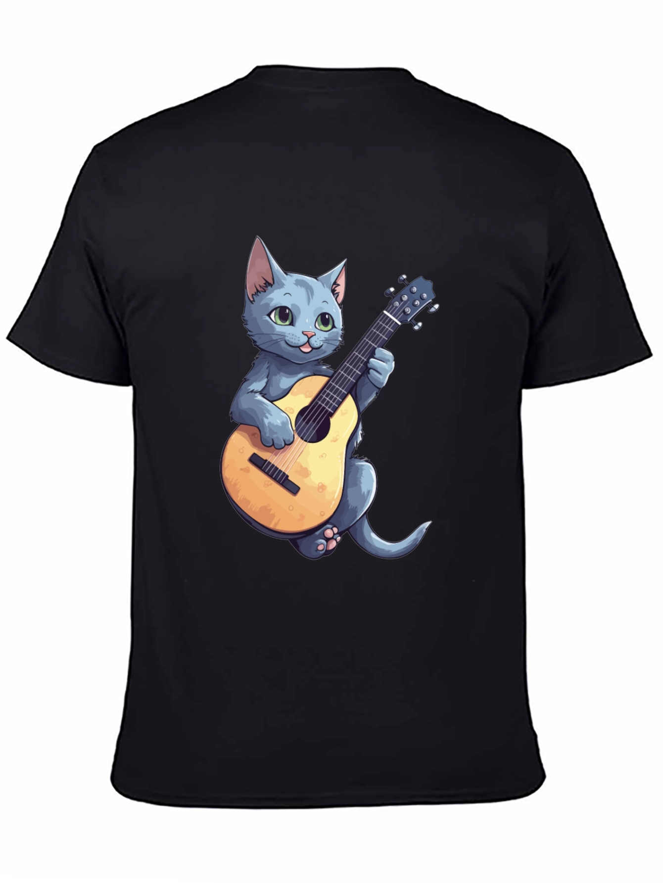 Cat Playing Guitar Graphic Tee - Black