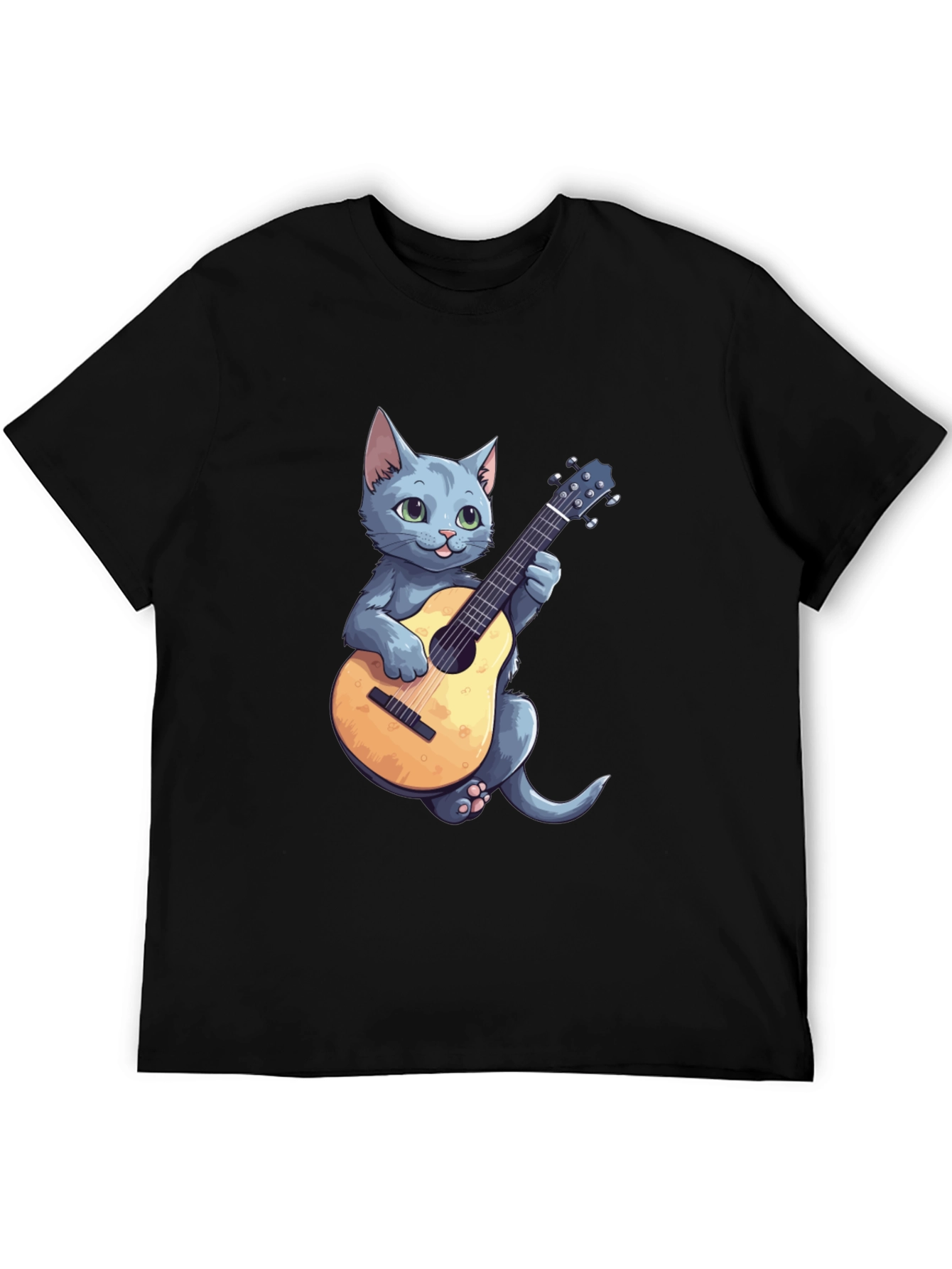 Cat Playing Guitar Graphic Tee - Black