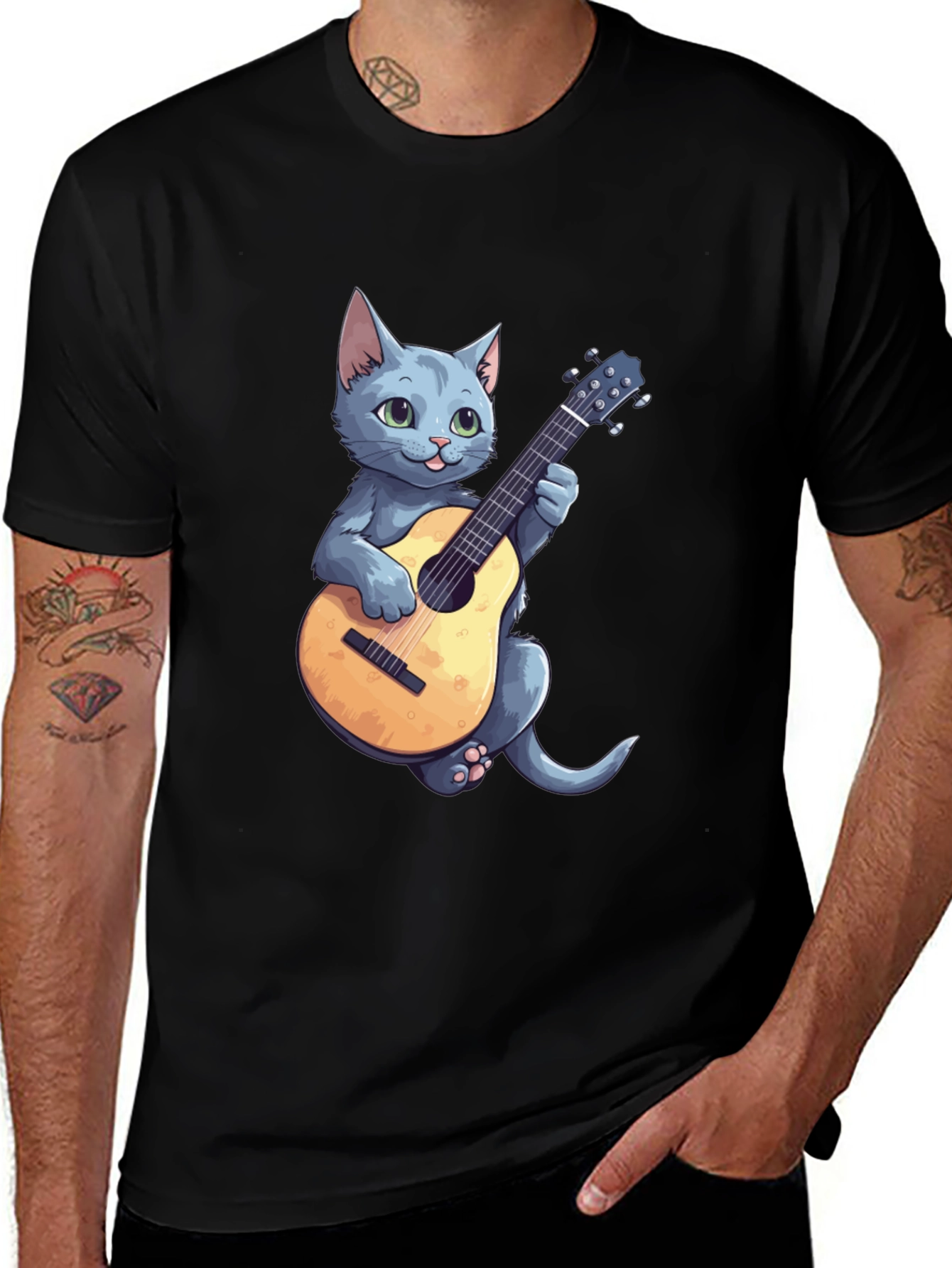 Cat Playing Guitar Graphic Tee - Black