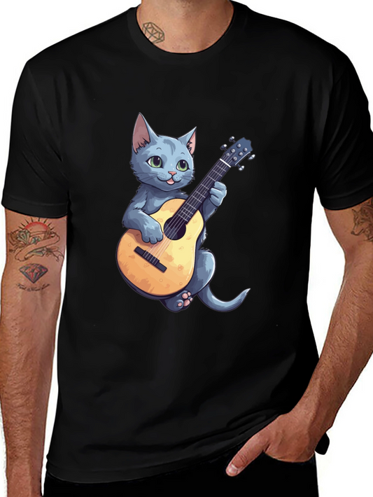 Cat Playing Guitar Graphic Tee - Black