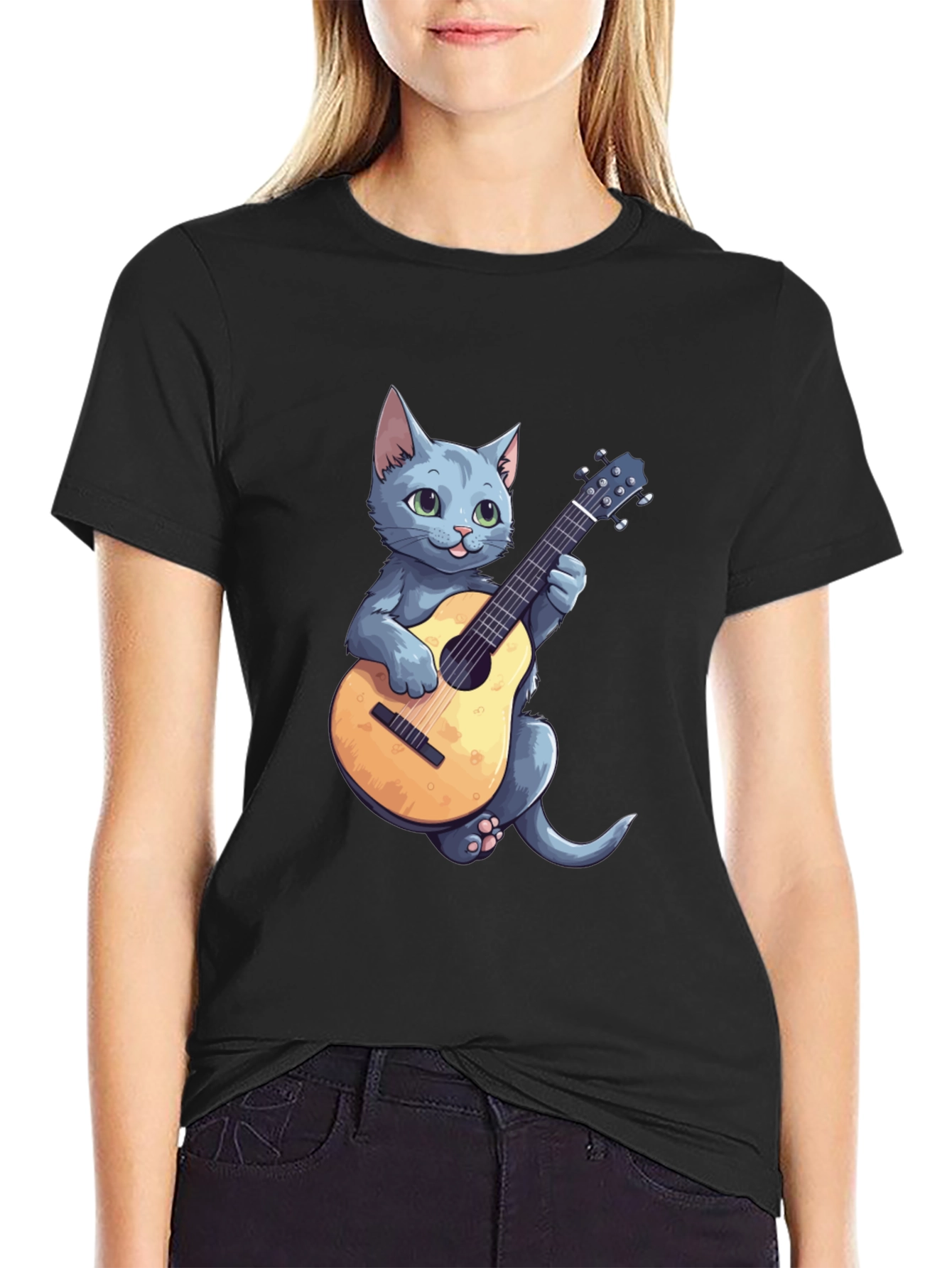 Cat Playing Guitar Graphic Tee - Black