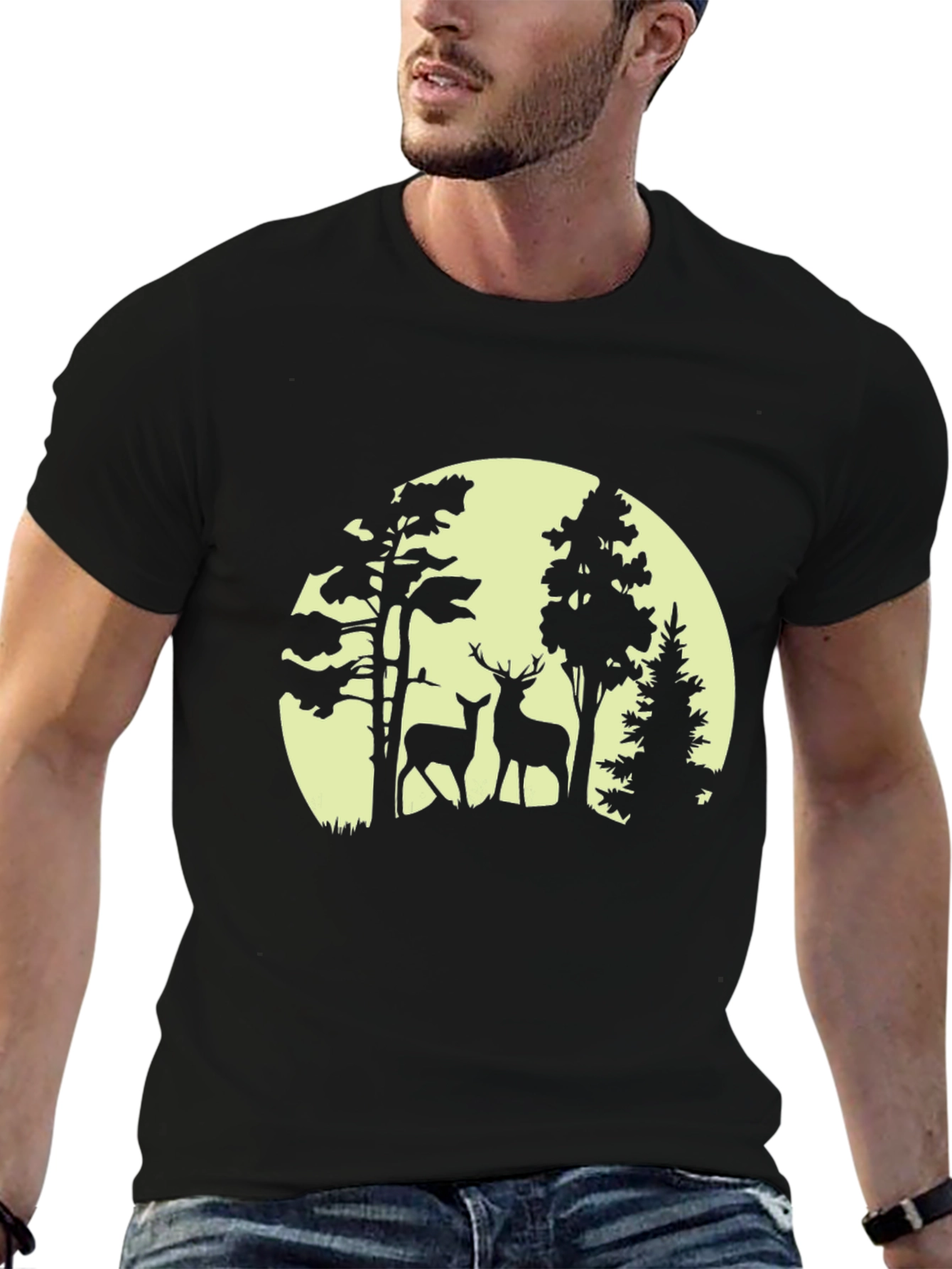 Deer Silhouette Forest Graphic Tee - Black