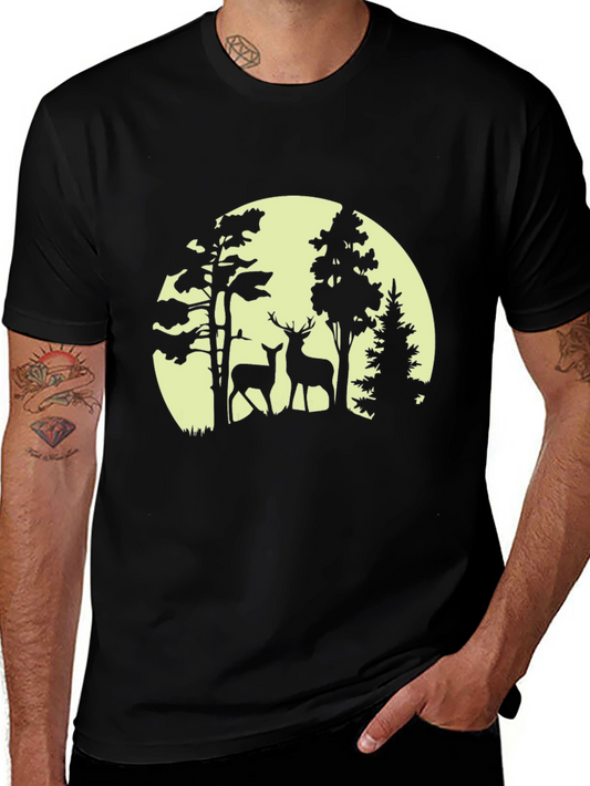 Deer Silhouette Forest Graphic Tee - Black
