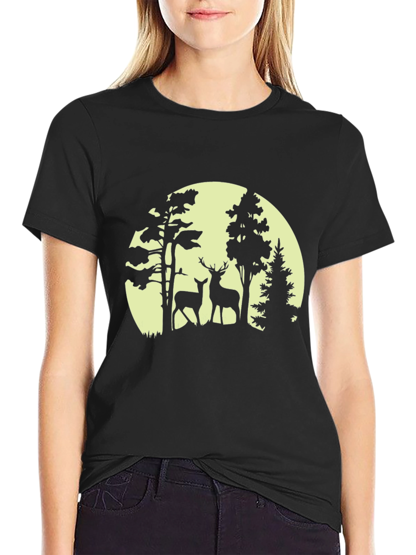 Deer Silhouette Forest Graphic Tee - Black