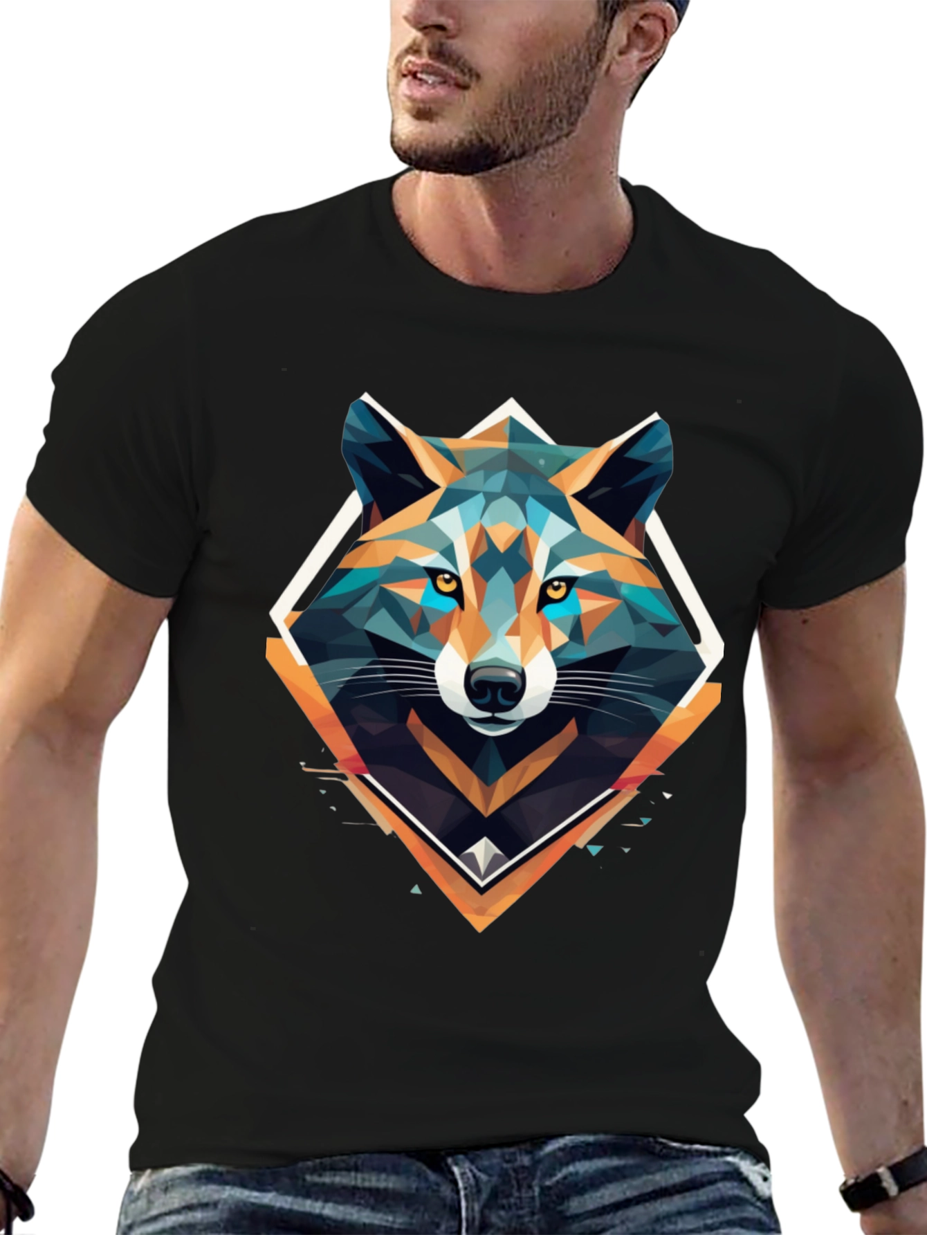 Geometric Wolf Graphic Print Black T-Shirt