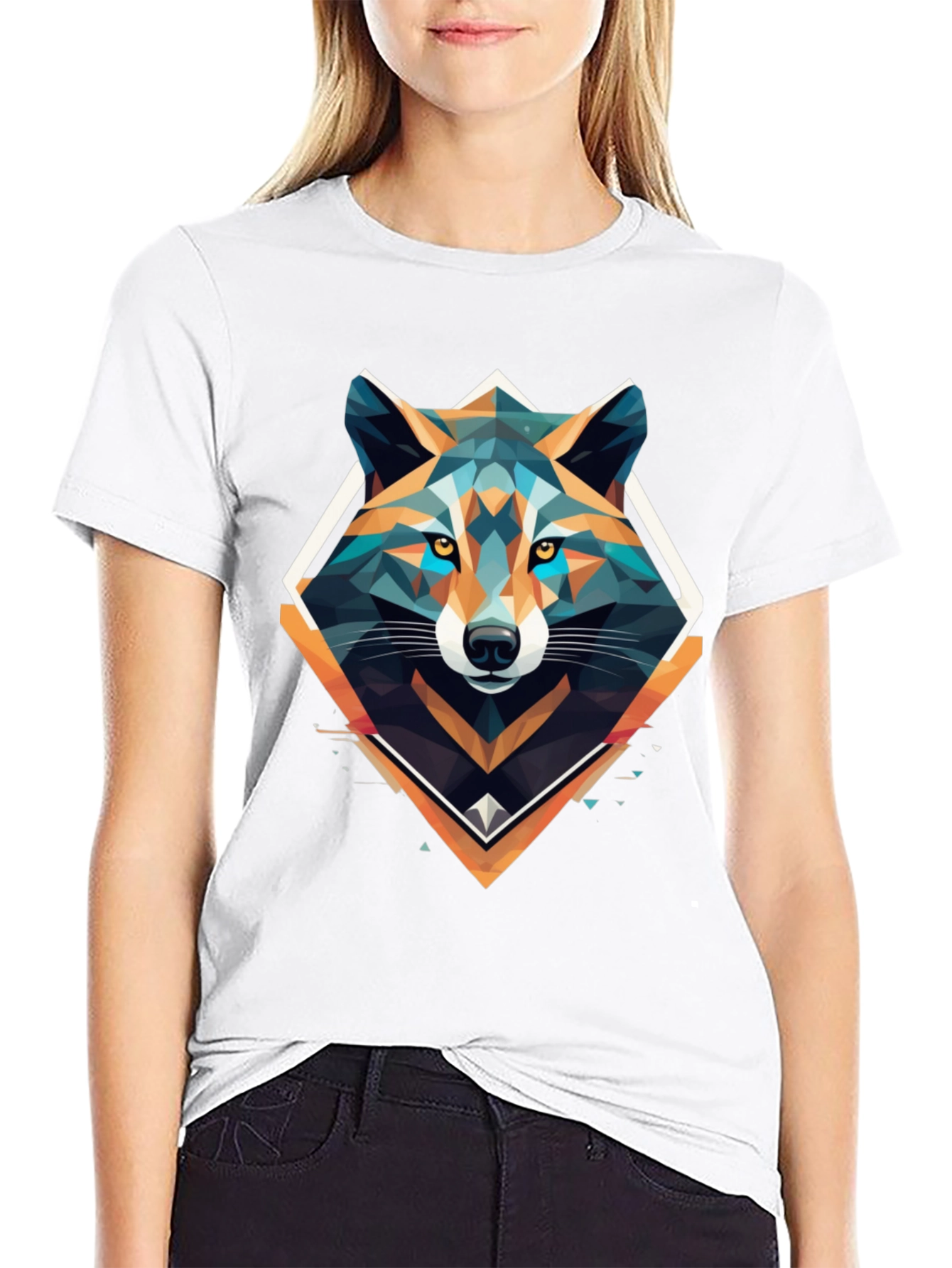 Geometric Wolf Graphic Print Black T-Shirt