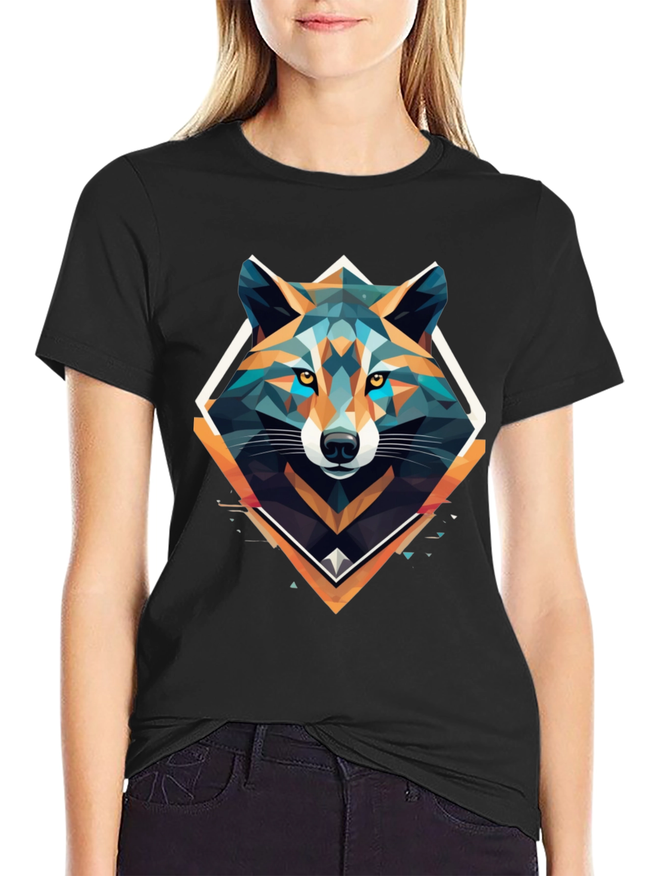 Geometric Wolf Graphic Print Black T-Shirt
