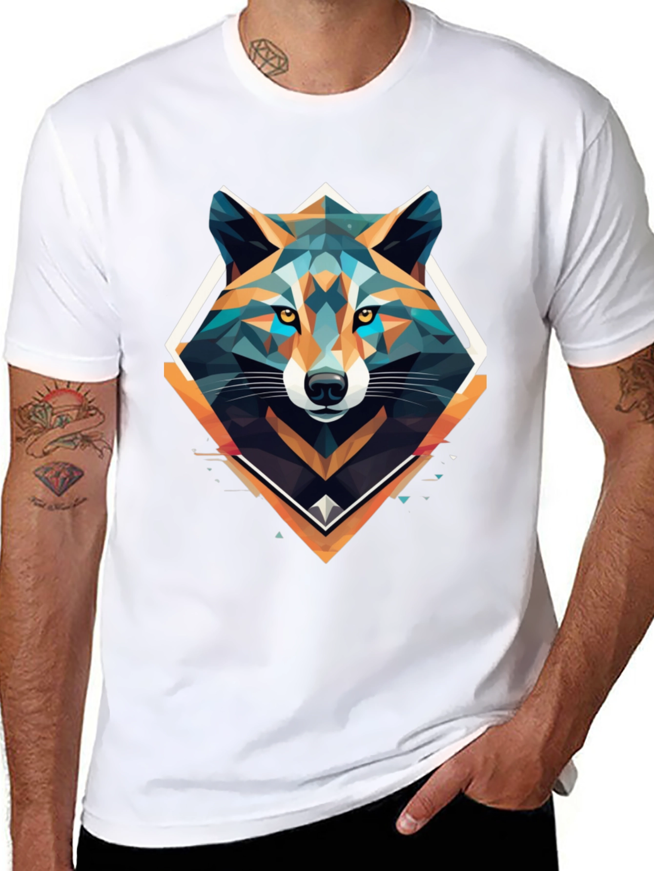 Geometric Wolf Graphic Print Black T-Shirt