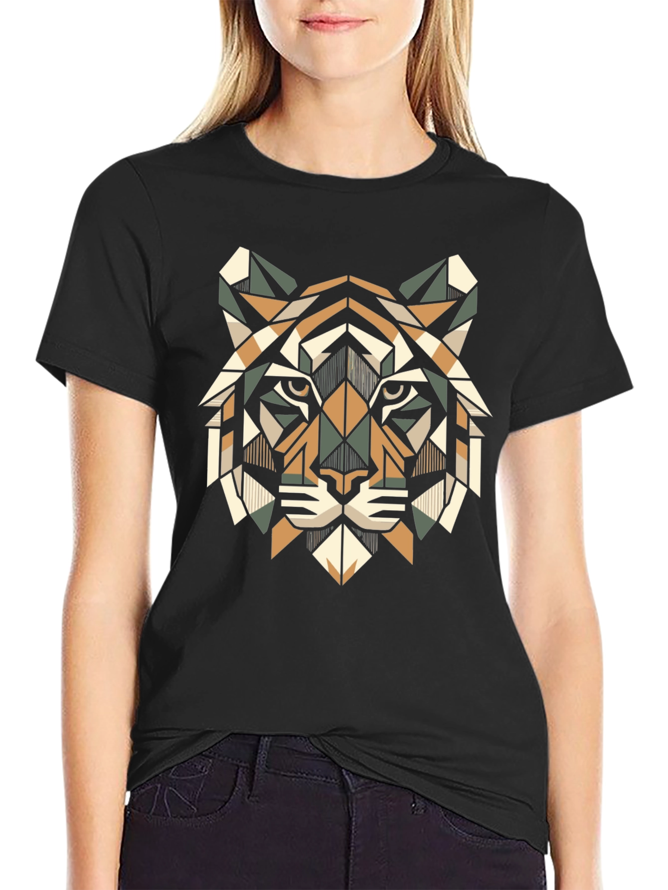 Geometric Tiger Head T-Shirt - Stylish Animal Print Tee