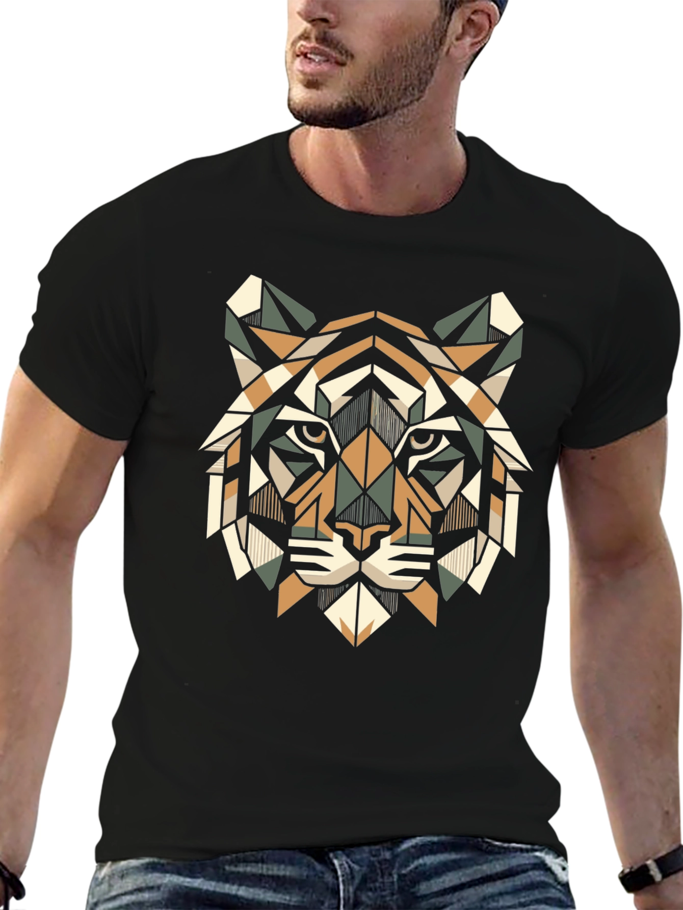 Geometric Tiger Head T-Shirt - Stylish Animal Print Tee