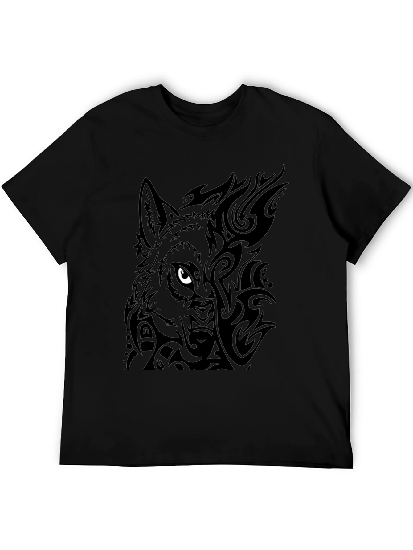 Tribal Wolf Graphic Tee - Black Cotton Blend