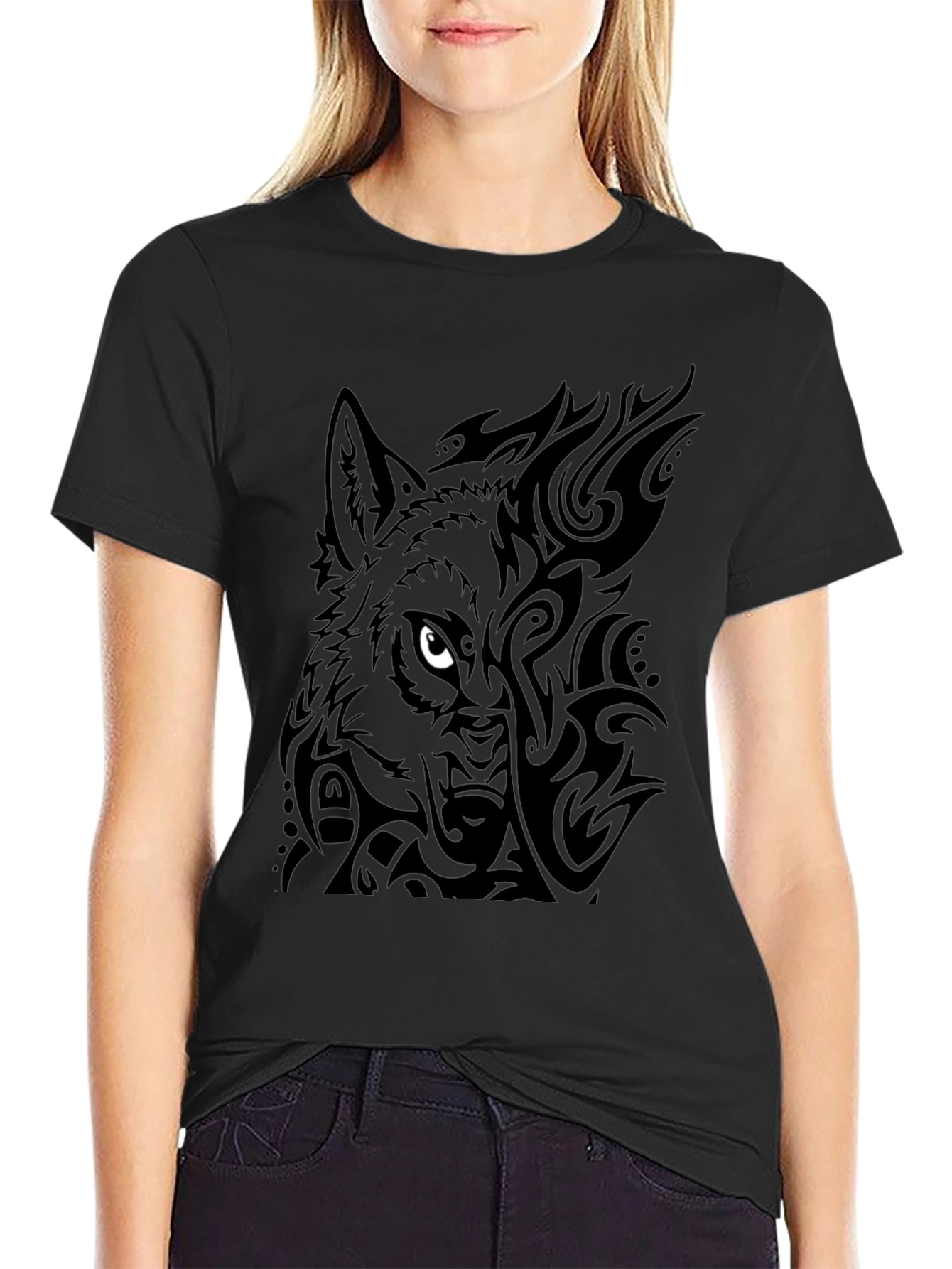 Tribal Wolf Graphic Tee - Black Cotton Blend