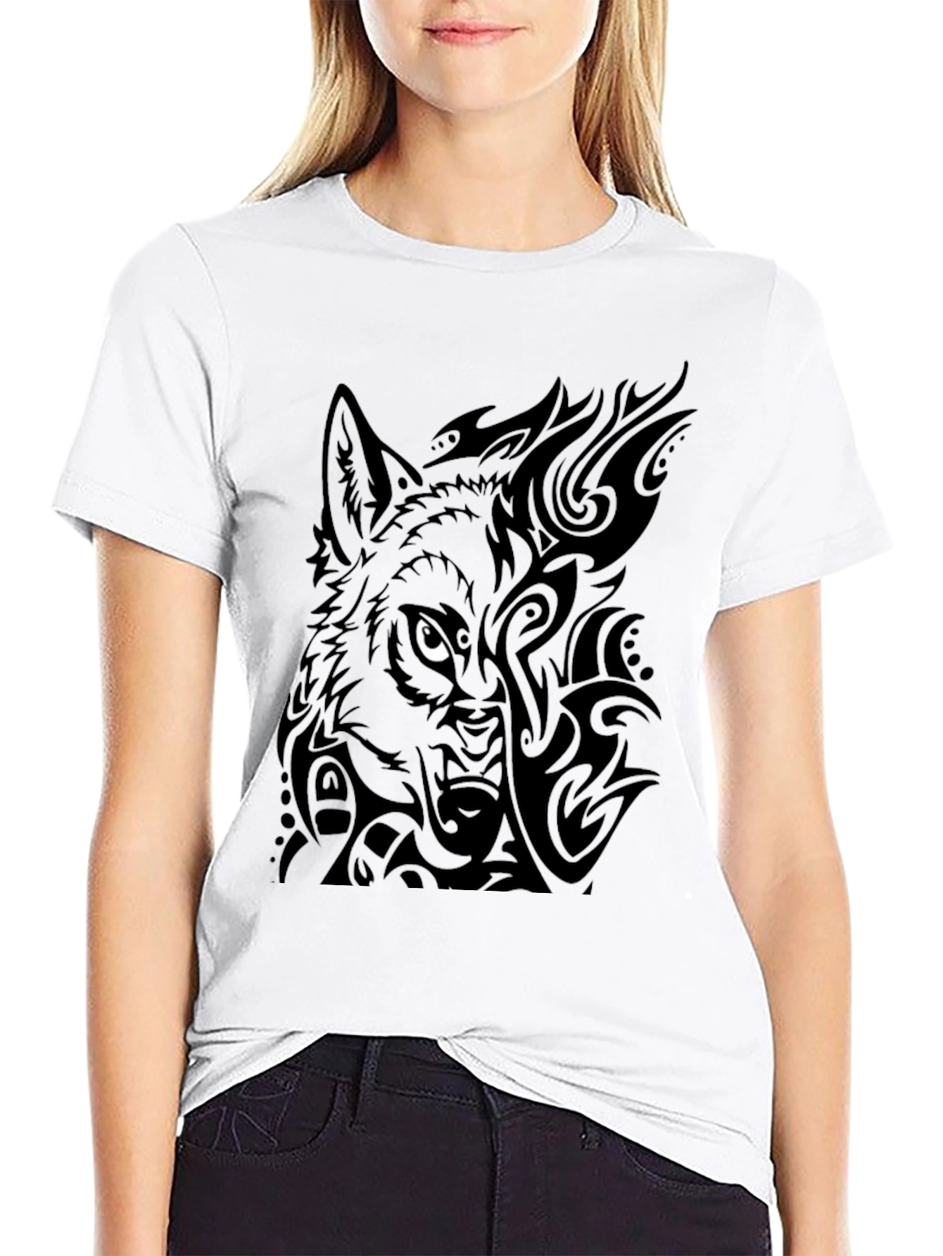 Tribal Wolf Graphic Tee - Black Cotton Blend
