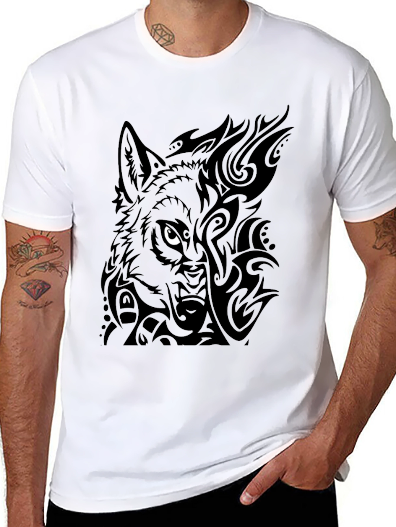 Tribal Wolf Graphic Tee - Black Cotton Blend