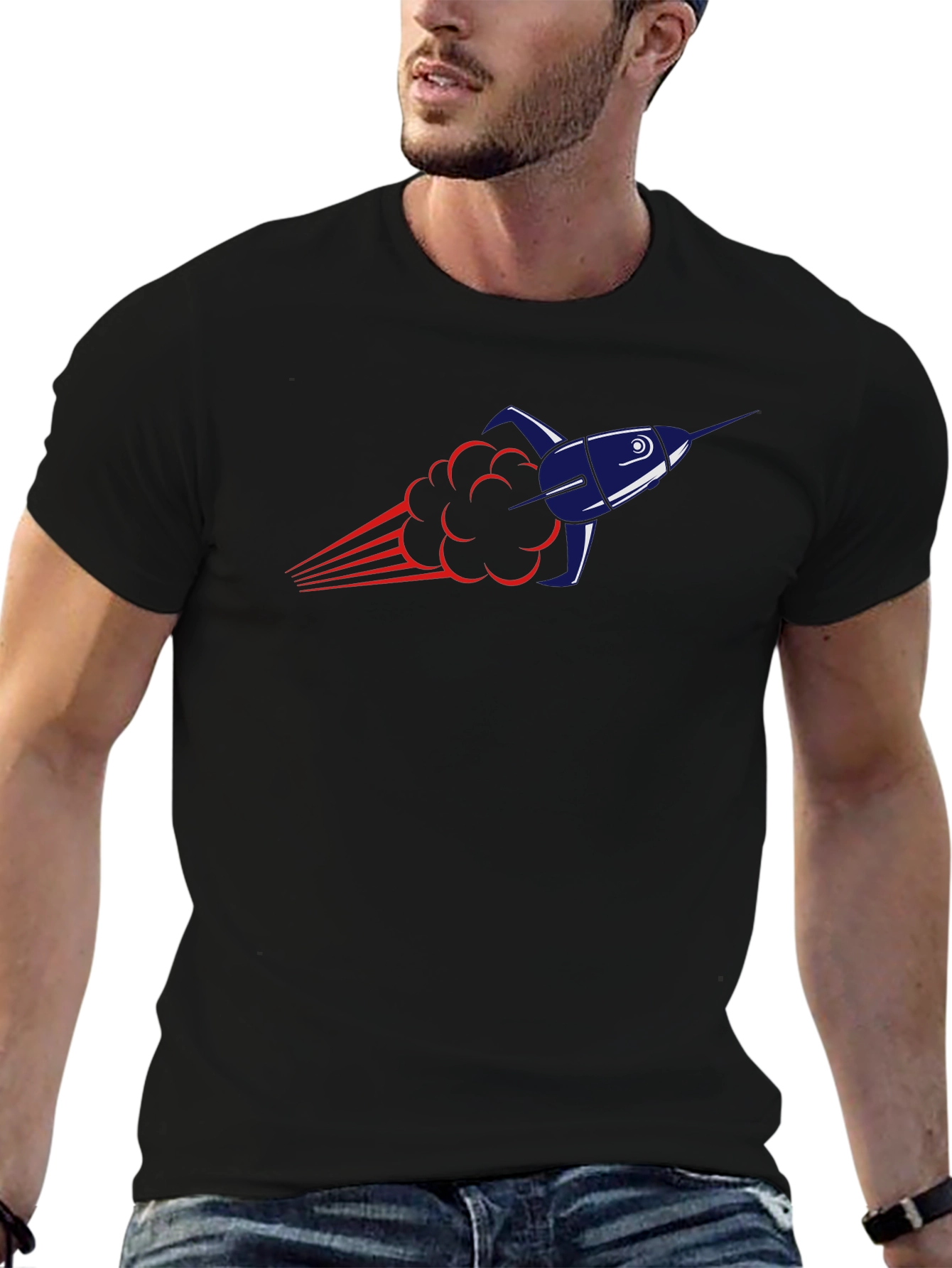 Rocket Launch Graphic Tee - Black Cotton Blend T-Shirt