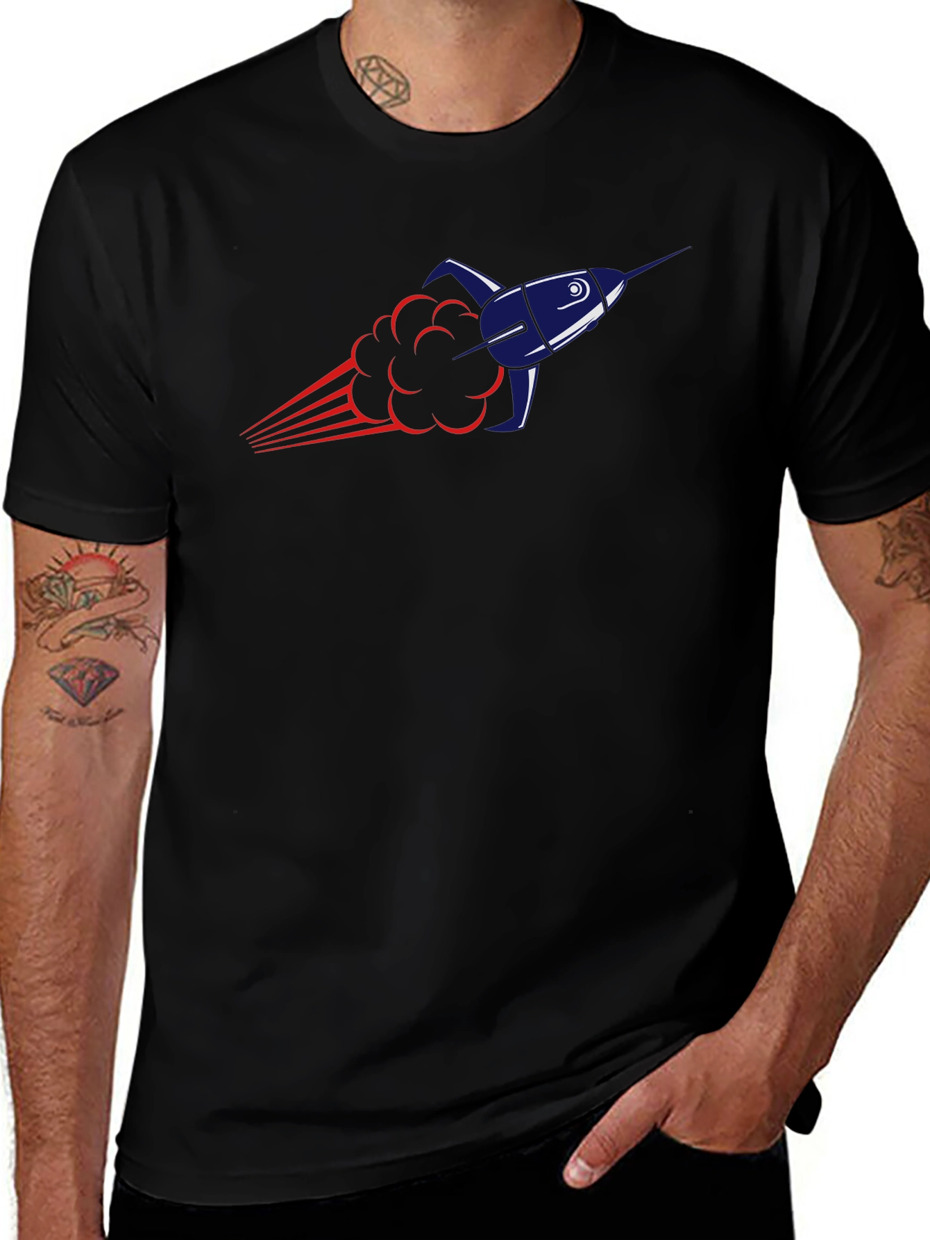 Rocket Launch Graphic Tee - Black Cotton Blend T-Shirt