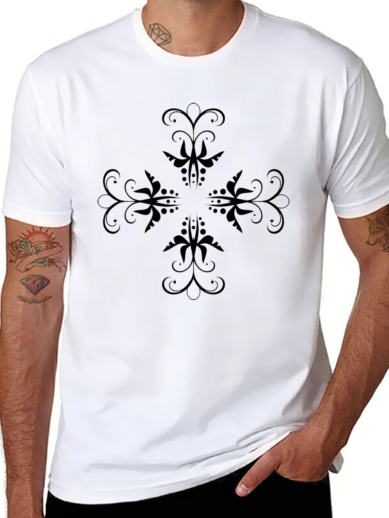Elegant Floral Cross Black T-Shirt