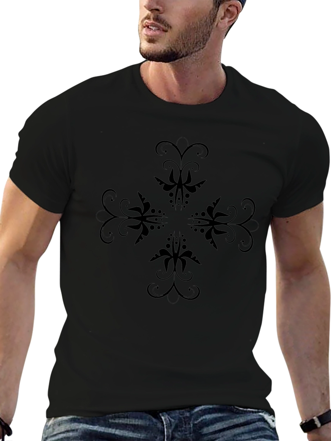 Elegant Floral Cross Black T-Shirt