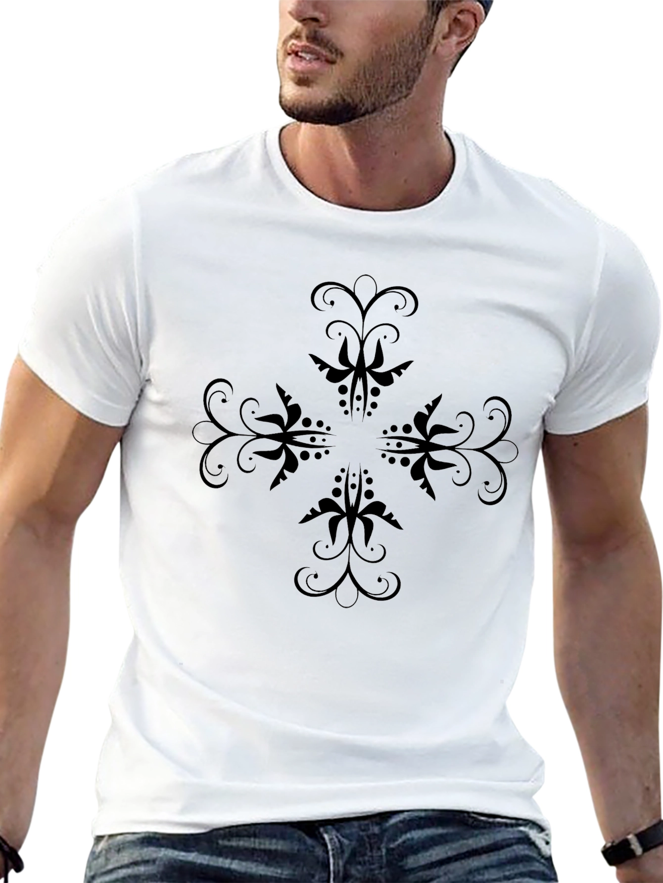 Elegant Floral Cross Black T-Shirt