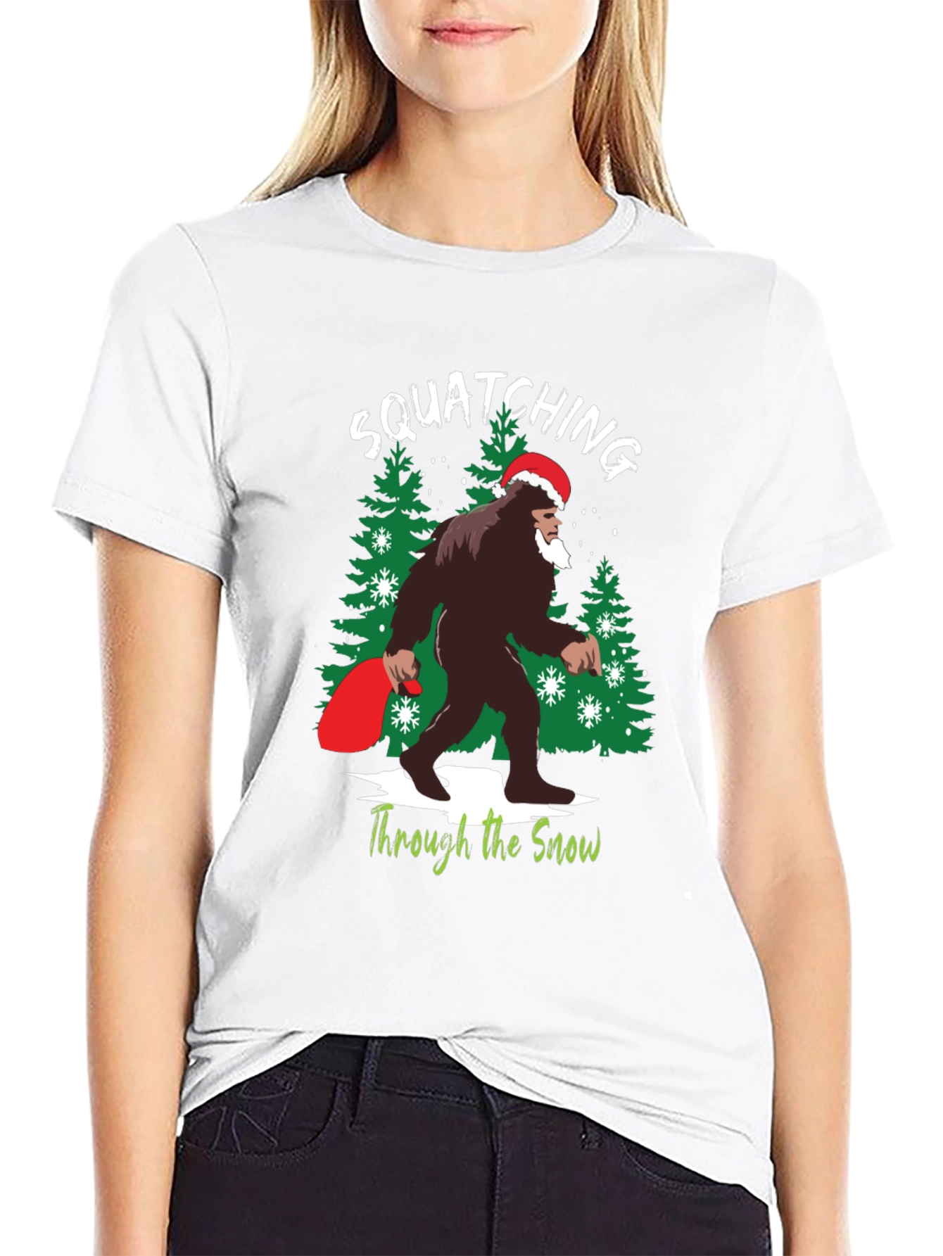 Squatching Through the Snow Bigfoot Christmas T-Shirt
