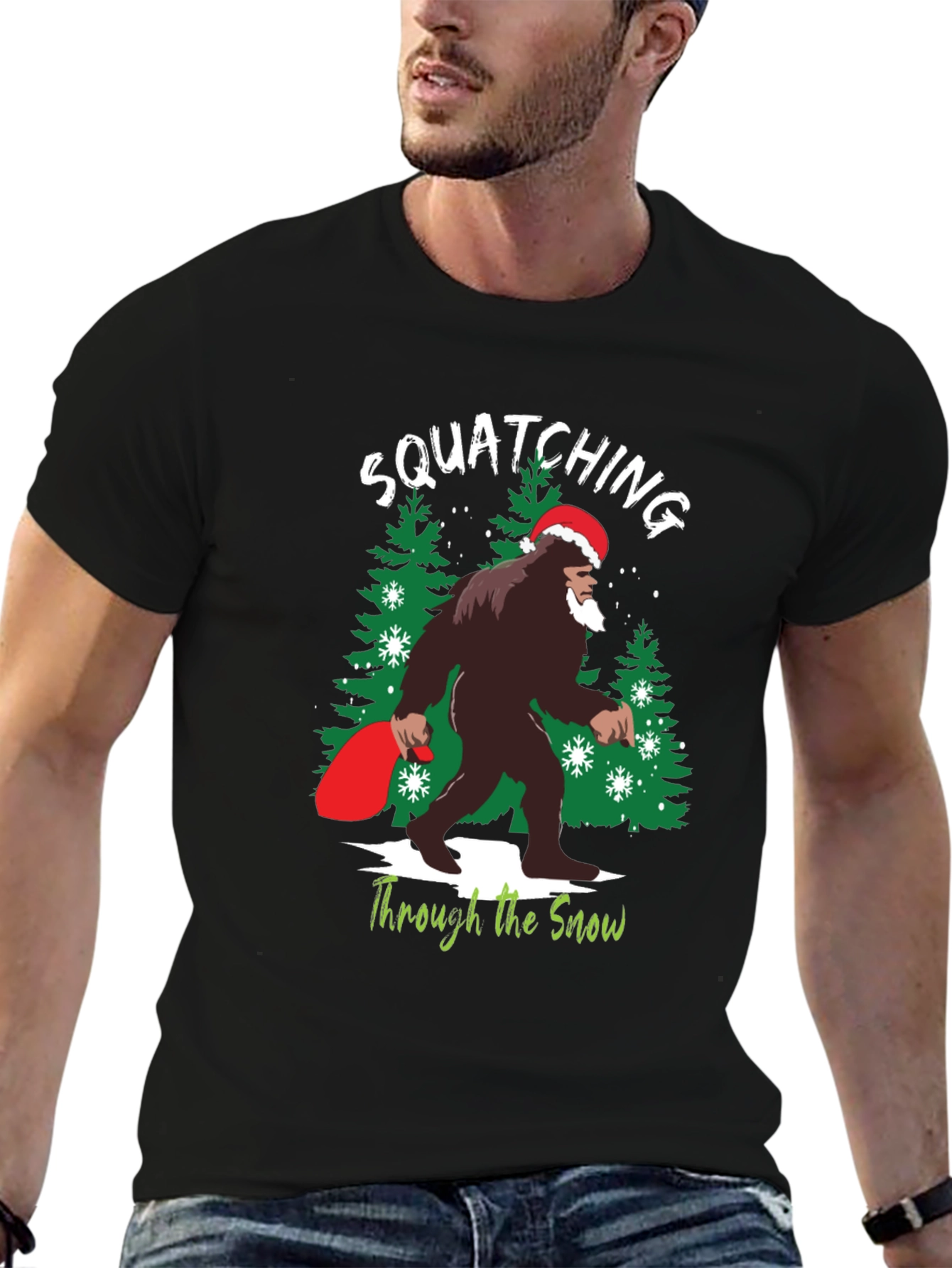 Squatching Through the Snow Bigfoot Christmas T-Shirt