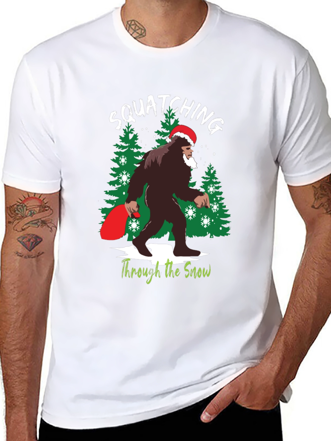 Squatching Through the Snow Bigfoot Christmas T-Shirt