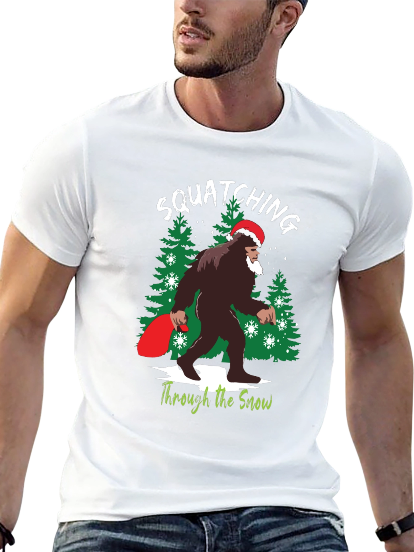 Squatching Through the Snow Bigfoot Christmas T-Shirt