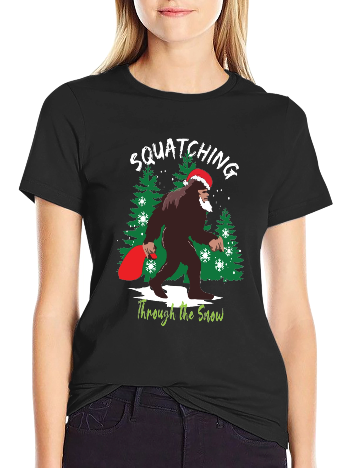Squatching Through the Snow Bigfoot Christmas T-Shirt