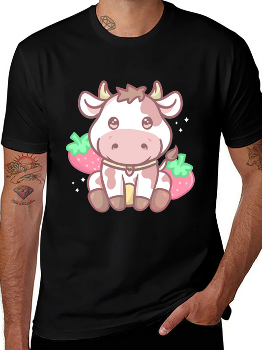 Kawaii Cow & Strawberry Graphic Tee - Black